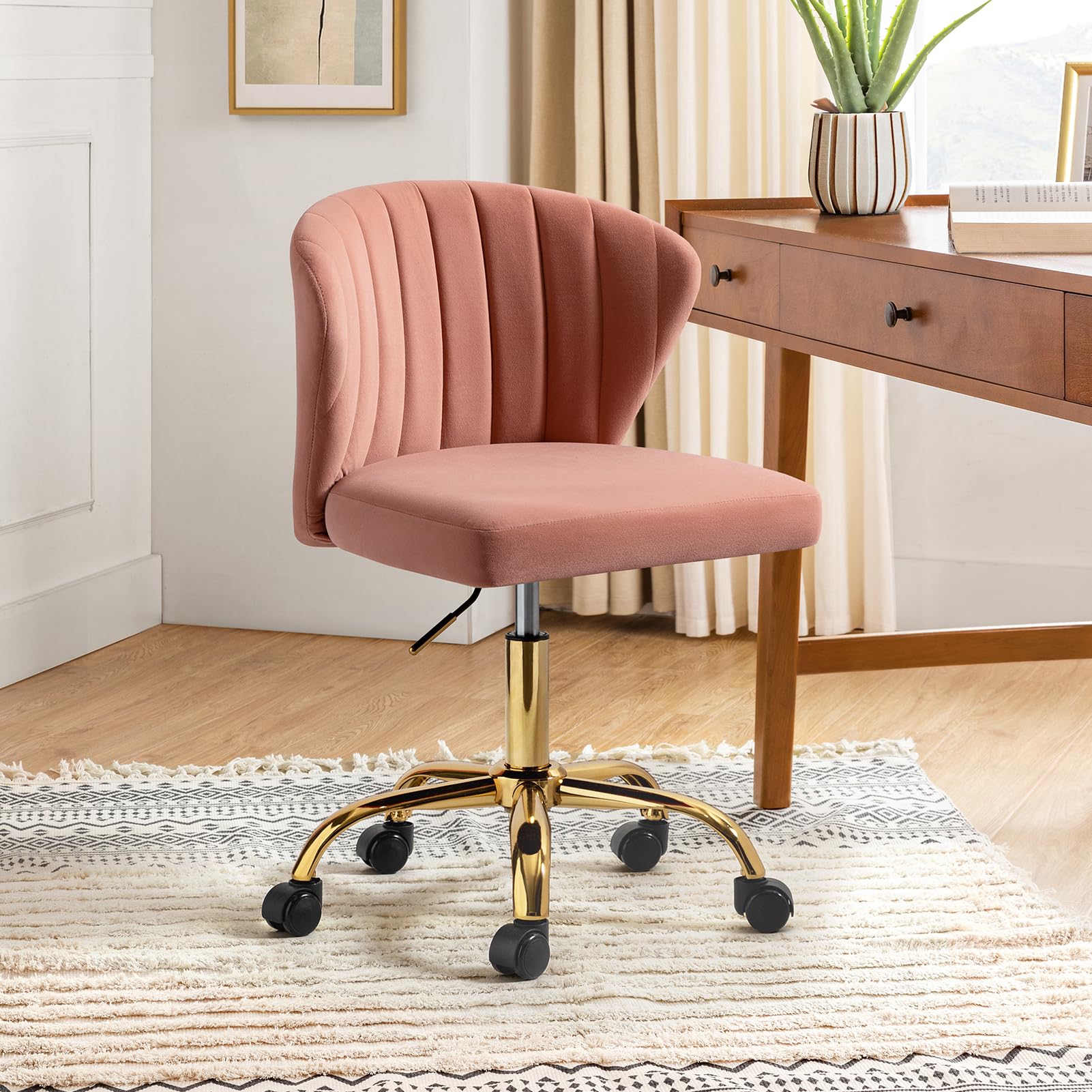 HULALA Home Silla Oficina Moderna, Sillas Escritorio Ergonómica, Silla Tocador Linda de Terciopelo, Silla de Oficina con Respaldo bajo Ajustable, para Sala de Estar, Sala de Estudio, Rosado