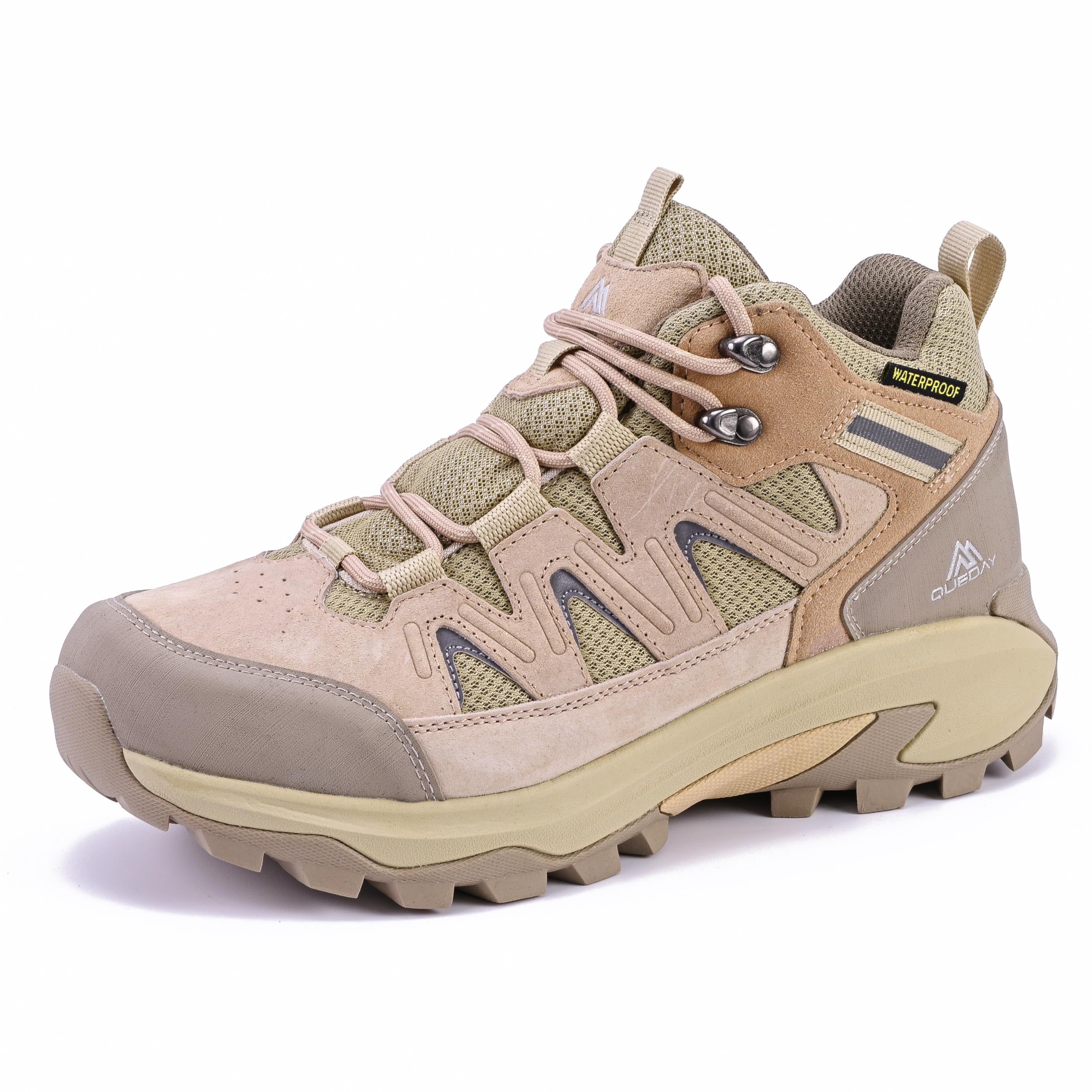 Queday Waterproof Hiking Boots for Women Men Non Slip Leather Outdoor Backpacking Shoes All Terrain Lug Sole Camping