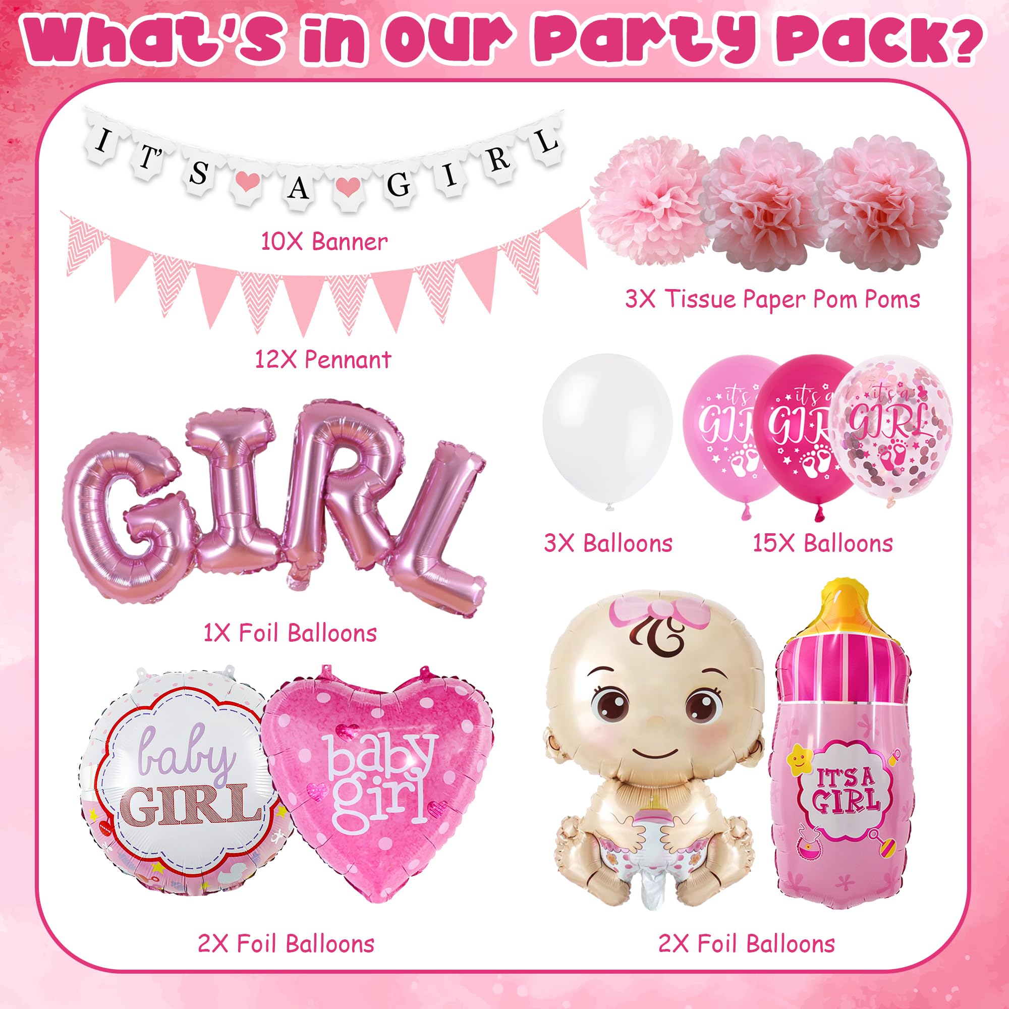 Baby Shower Decorations Girls Balloons, 48 Pieces Pink Gender Reveal Party Supplies - Image 2
