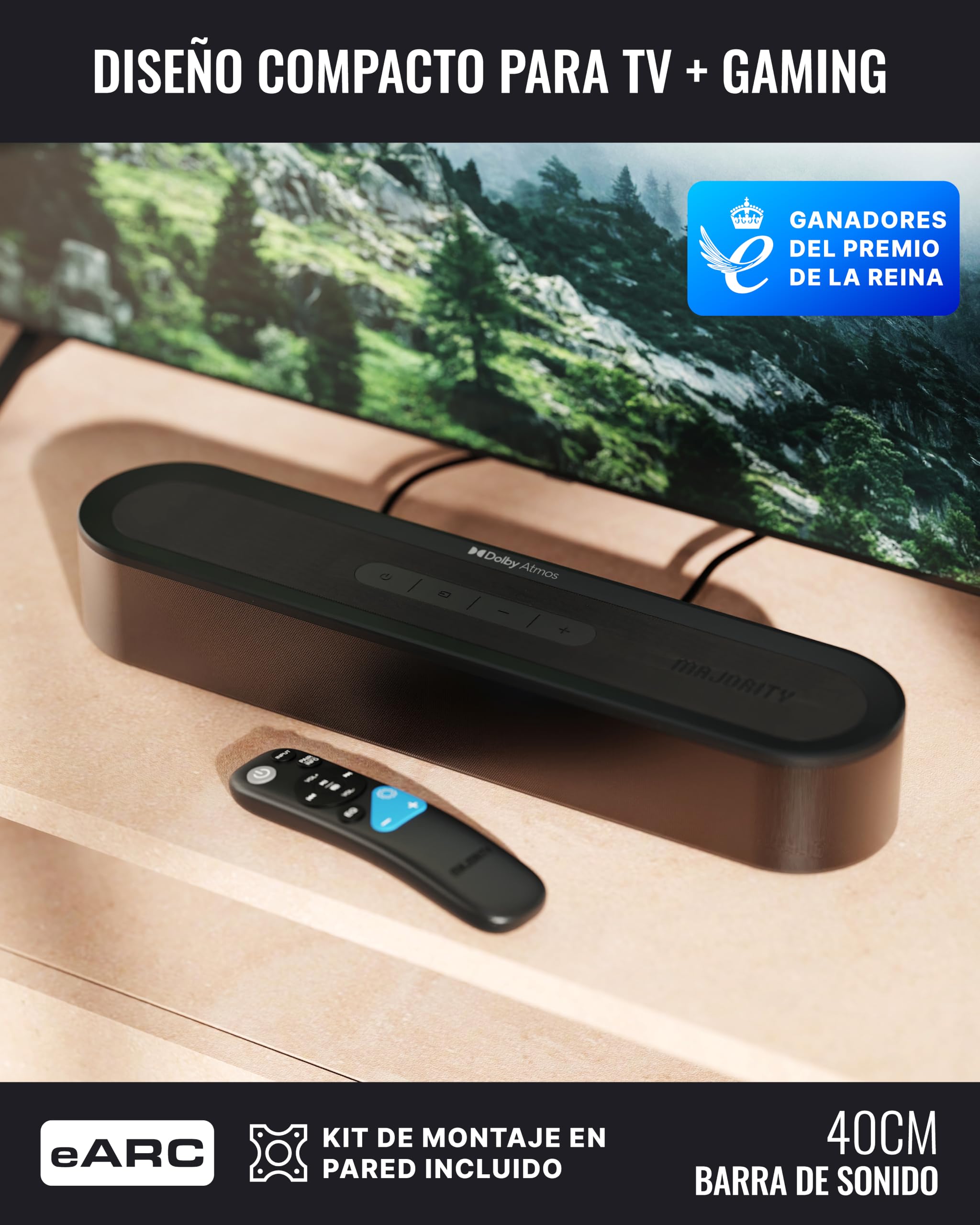 MAJORITY Bowfell Halo Atmos 300W Home Cinema Barra de Sonido con HDMI eARC | 5.1 Dolby Atmos Altavoces TV con subwoofer Inalámbrico y Altavoces Traseros | Barra de Sonido PC Bluetooth 5.3