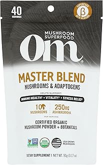 - Om Master Blend Mushroom Powder – Organic Mushroom Supplement with 10 Mushrooms and Ashwagandha - Support Immunity, Gut Health & Stress Relief, 3.17 oz (40 Servings)