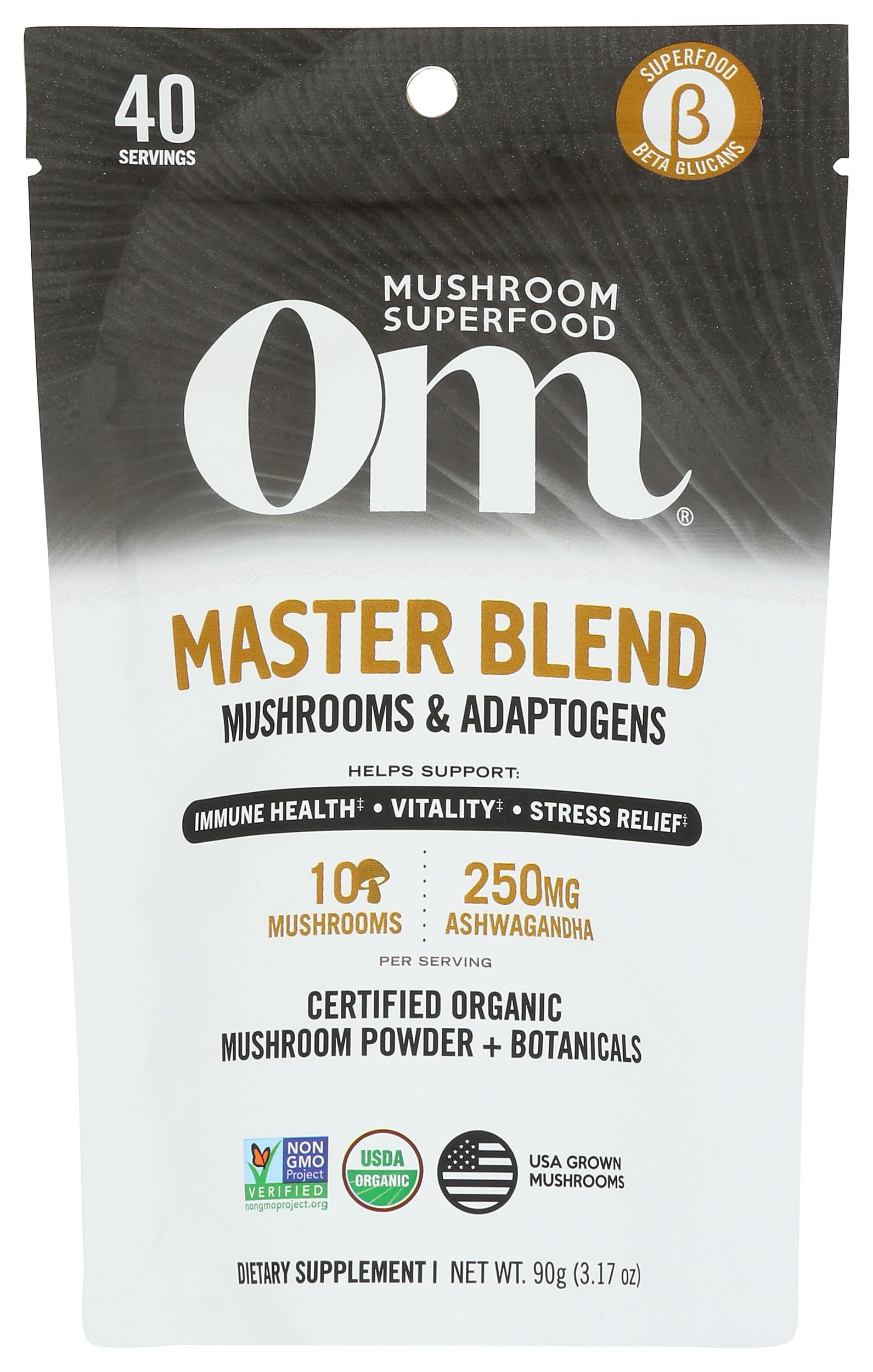 - Om Master Blend Mushroom Powder – Organic Mushroom Supplement with 10 Mushrooms and Ashwagandha - Support Immunity, Gut Health & Stress Relief, 3.17 oz (40 Servings)