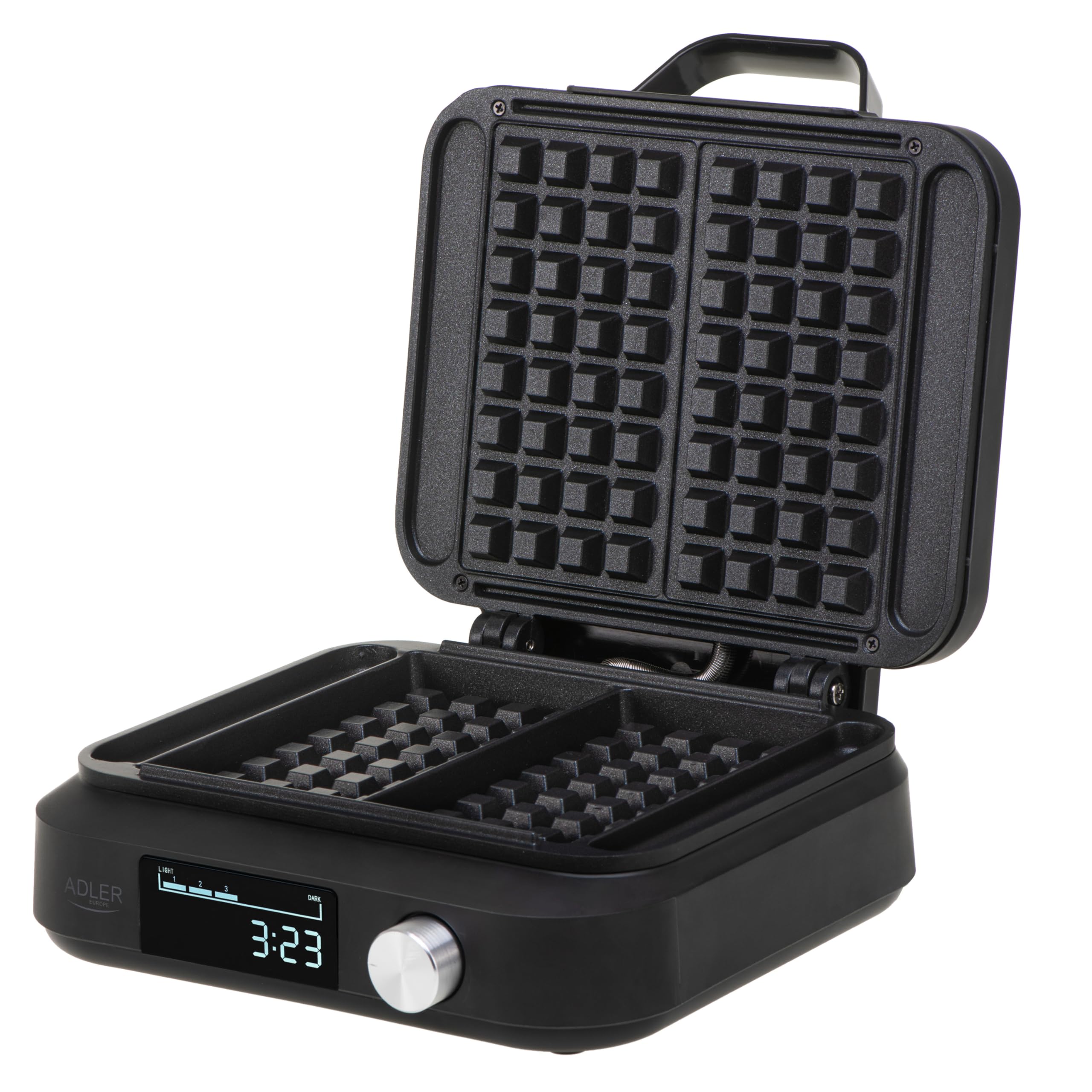 ADLER EUROPE Smart Waffeleisen 1500 Watt, Knusprige Belgische Waffeln, LED Display, 6 Bräunungsstufen, Countdown Timer, Extra Tiefe Heizplatten, Schwarz