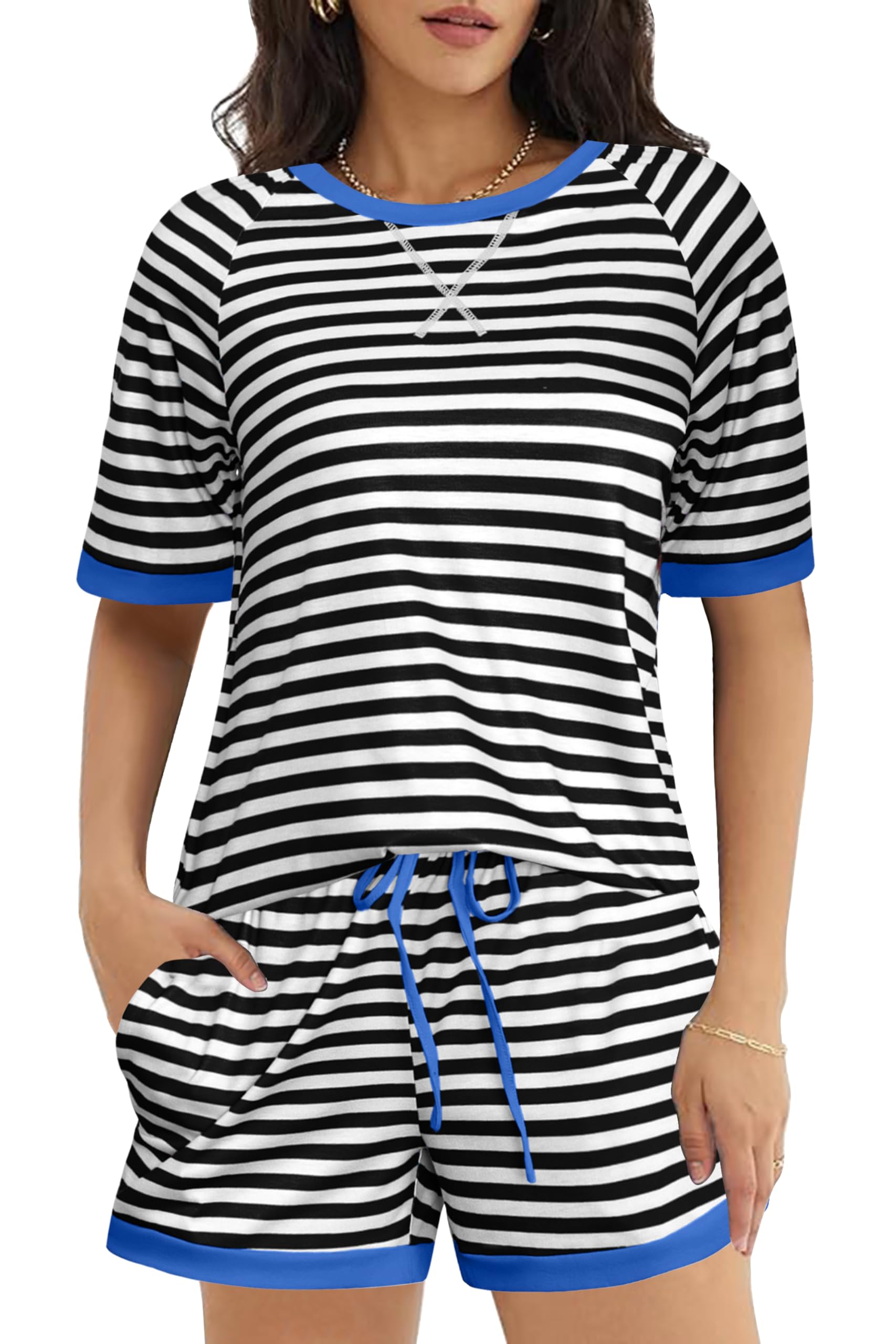 Ekouaer Pajamas for Women Short Sleeve Pjs Sets Crewneck Striped Tops and Shorts 2 Piece Lounge Sets with