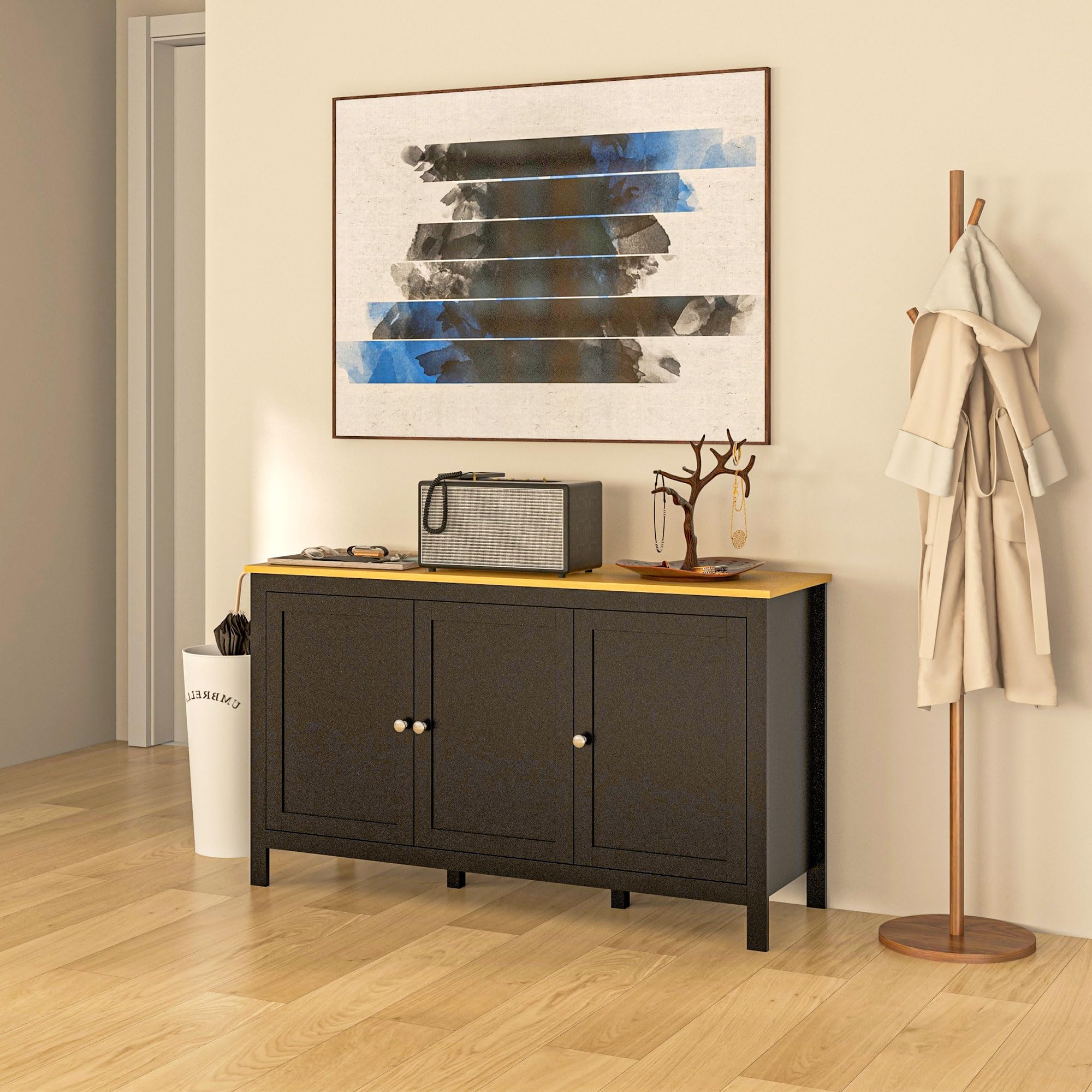 HOMCOM Buffet Meuble de Rangement avec 3 Portes 2 étagères réglables Plateau Aspect Bois Clair - 120 x 40 x 70 cm Noir