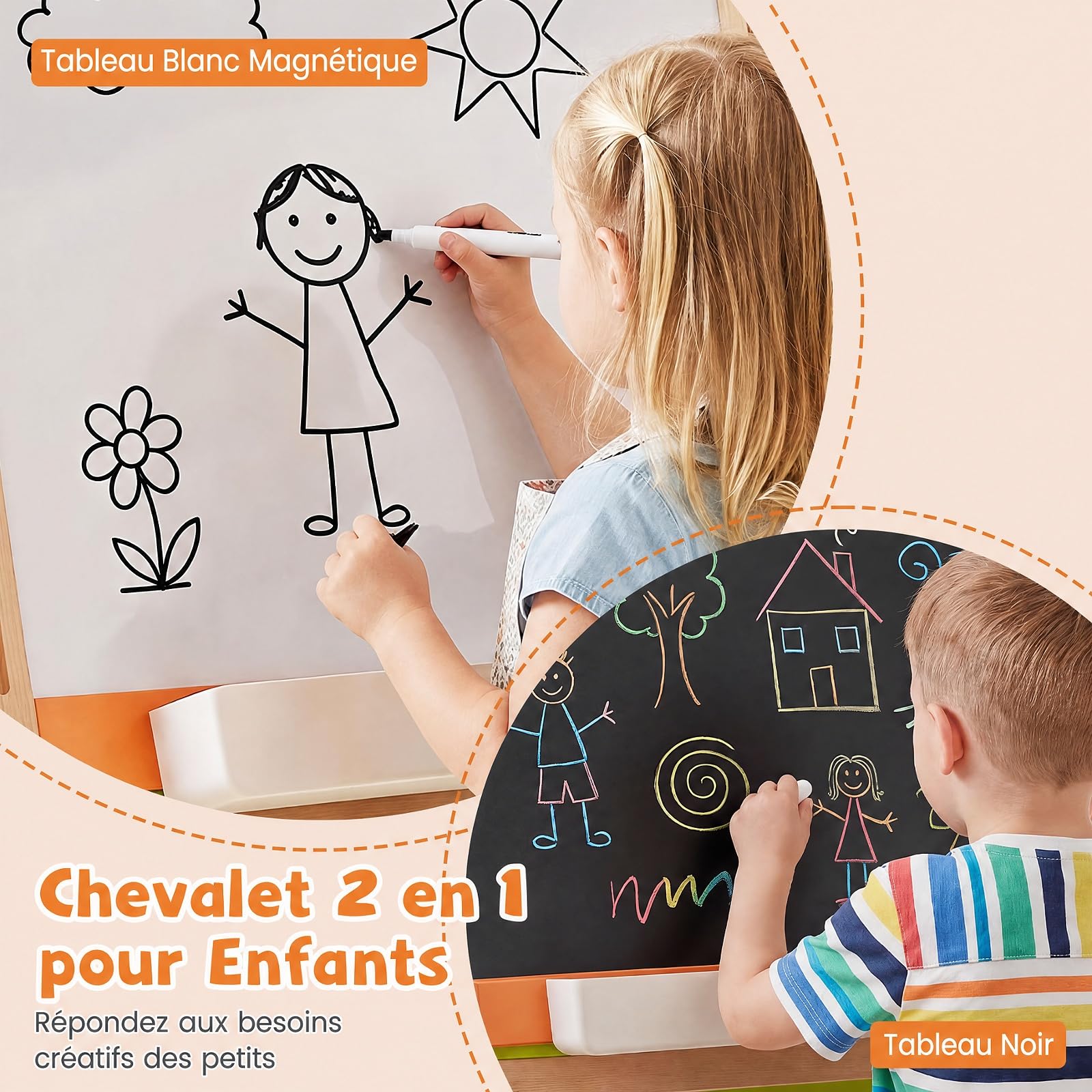 COSTWAY Tableau Enfant Double Face Pliable en Bois avec Hauteur Réglable