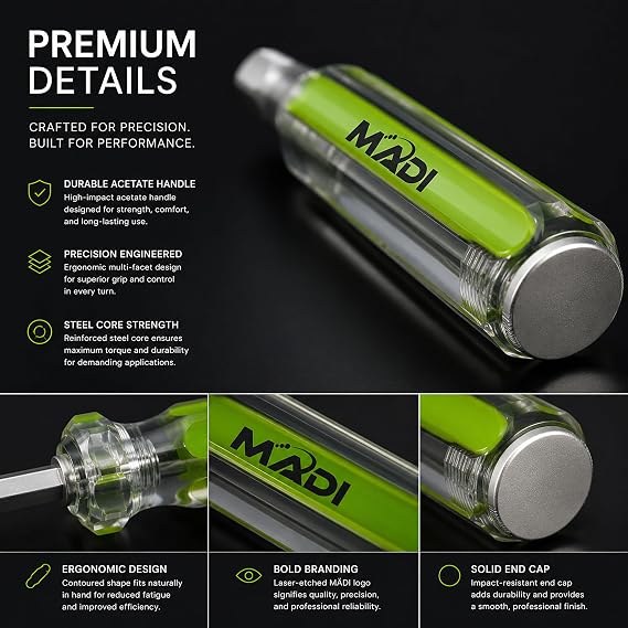 MADI Demo Screwdriver, Extreme Heavy Duty Flathead Beater Screwdriver That Wont Bend or Break, 3/8 Impact-Resistant Steel with Hex Bolster for Prying, Chiseling, and Stubborn Fastener Removal