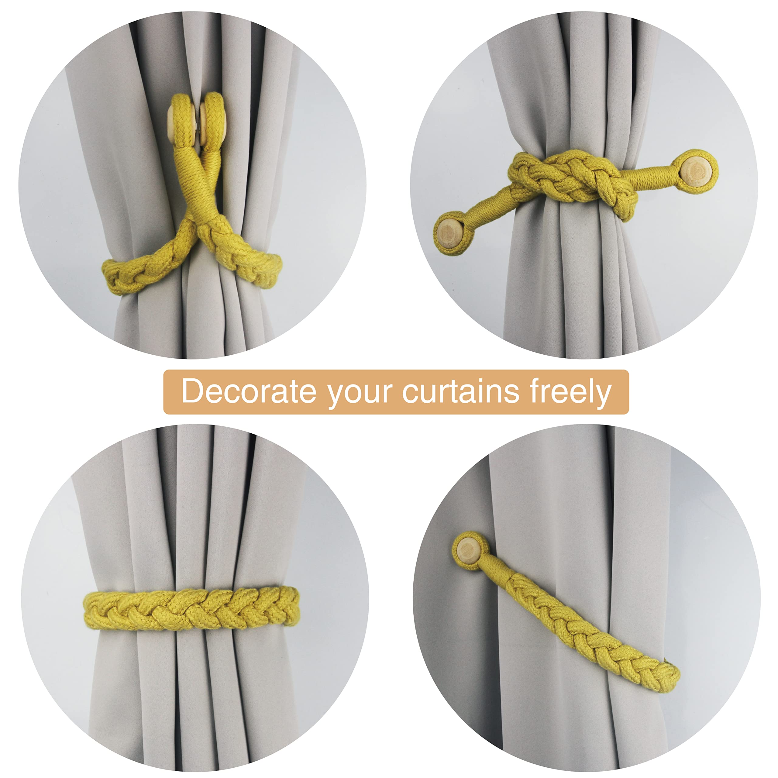 Lot de 6 embrasses de rideaux magnétiques douces en coton tissé à la main avec boucle en bois durable pour la décoration de la maison ou du bureau (doré, 6)