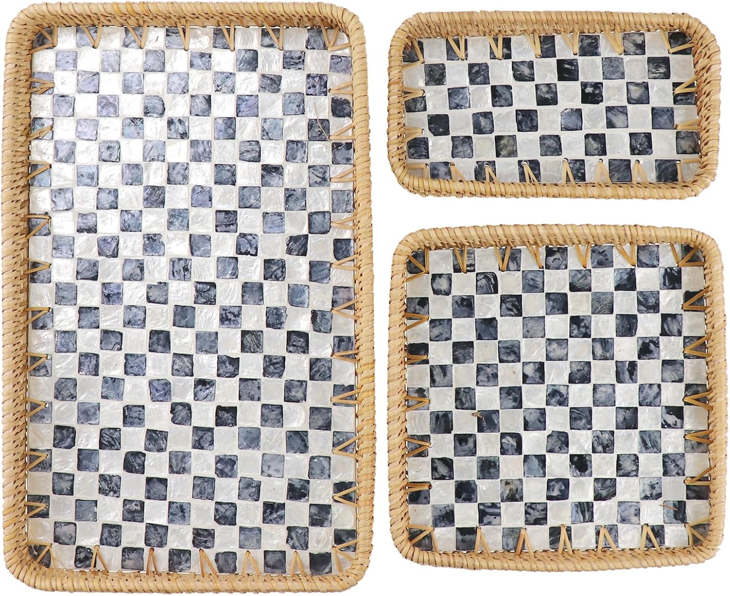 3 Pcs Rectangle Rattan Tray with Mother of Pearl Inlay, Handwoven Wicker Serving Tray with Wooden Base for Frui Breakfast Bread Coffee Table Party Picnic Cafe Kitchen Home Decor (Checkerboard)