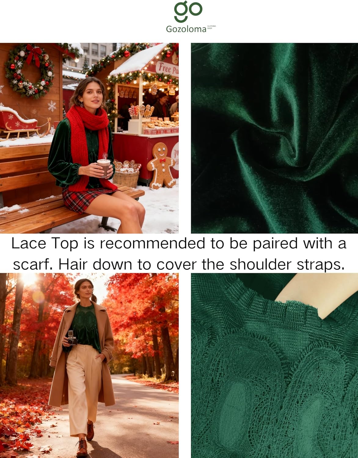 Gozoloma Women's Long Sleeve Velvet Trim Lace Blouse Elegant Flared Swing Top Round Neck Blouse Casual Wear - Image 4