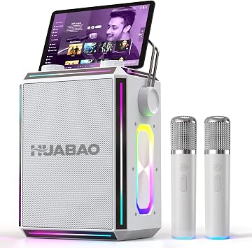 Portable Bluetooth Karaoke Speaker with 2 Wireless Microphones, RGB Lights, Treble & Bass Adjustment, Voice Effects, AUX/USB/TF/OTG/6.5mm Input, Party Speaker for Home, Outdoor, Adults & KidsWhite