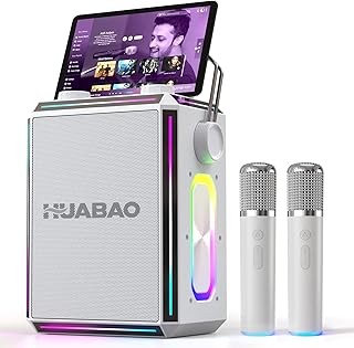 Tragbarer Bluetooth-Karaoke-Lautsprecher mit 2 kabellosen Mikrofonen, RGB-Beleuchtung, Höhen- und Bassregelung, Stimmeffekten, AUX/USB/TF/OTG/6,5-mm-Eingang, Party-Lautsprecher (weiß)