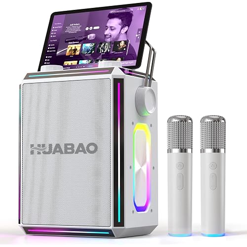 Portable Bluetooth Karaoke Speaker with 2 Wireless Microphones, RGB Lights, Treble & Bass Adjustment, Voice Effects, AUX/USB/TF/OTG/6.5mm Input, Party Speaker for Home, Outdoor, Adults & Kids(White)