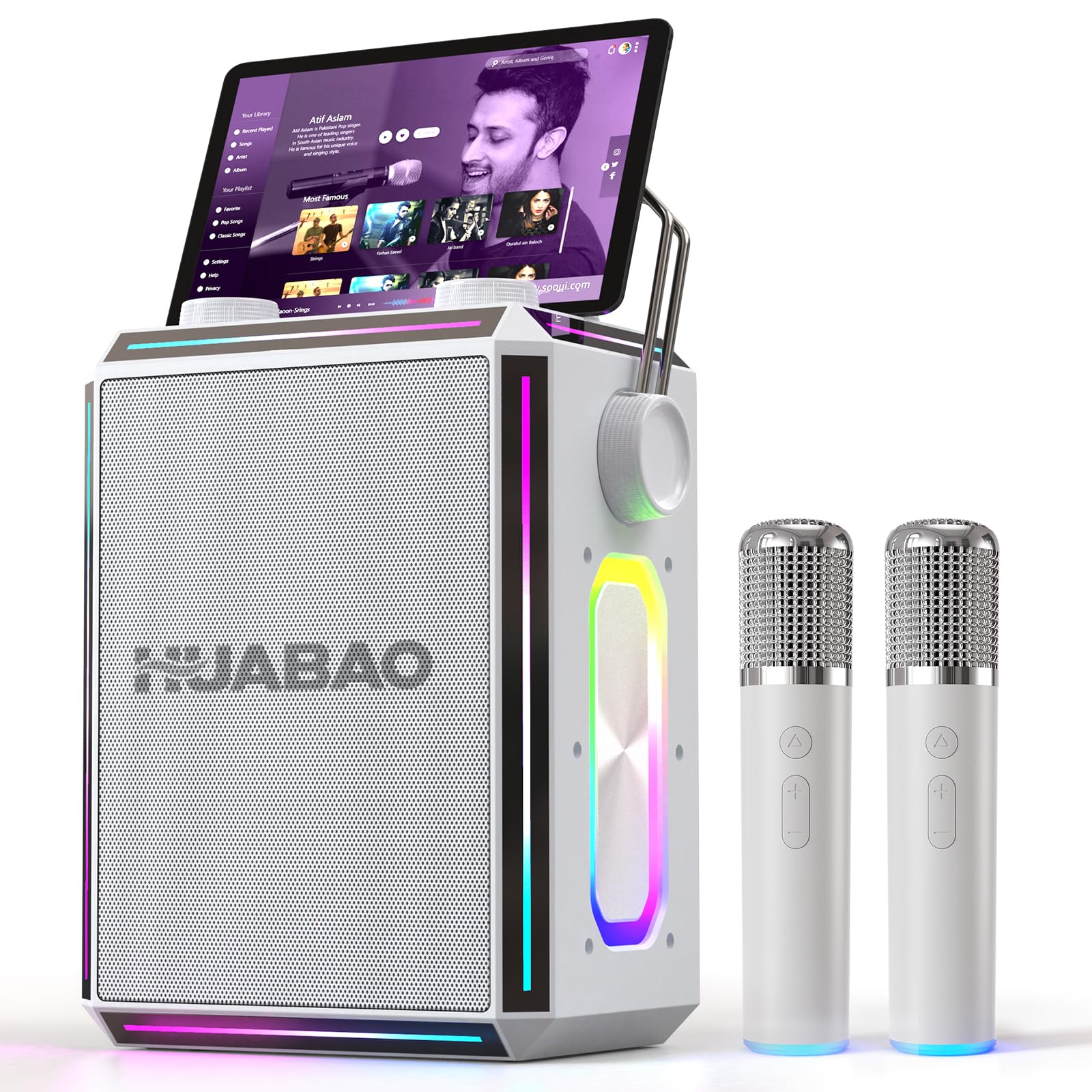 Tragbarer Bluetooth-Karaoke-Lautsprecher mit 2 kabellosen Mikrofonen, RGB-Beleuchtung, Höhen- und Bassregelung, Stimmeffekten, AUX/USB/TF/OTG/6,5-mm-Eingang, Party-Lautsprecher (weiß)
