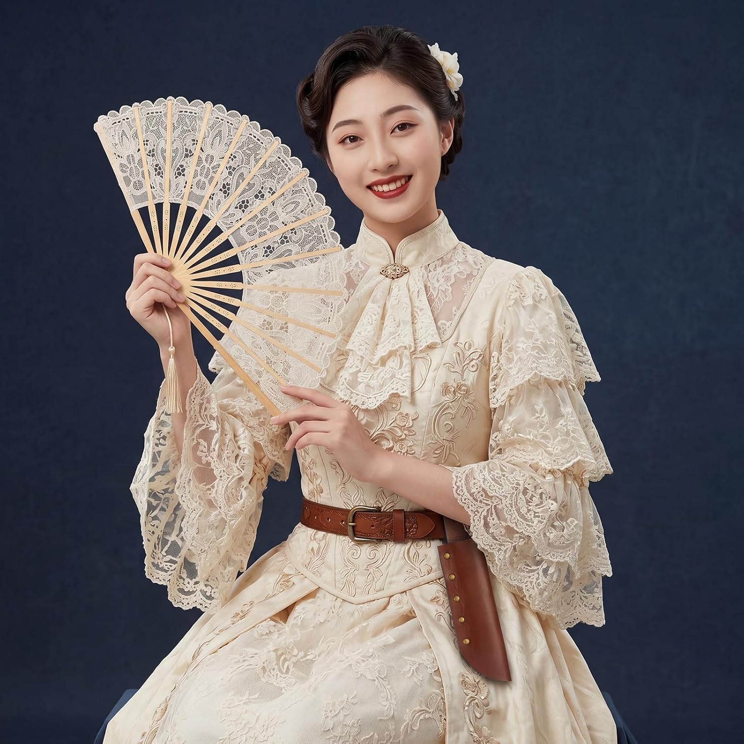 Bucherry PU Leather Fan Holster Belt Handheld Fans Holder with a Lace Fan