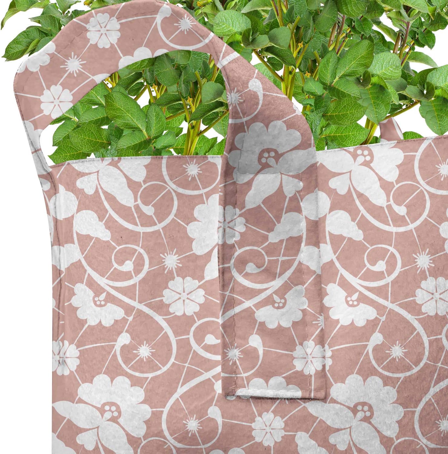 Lunarable Peach Pink Grow Bags 5-Pack, Ornamental Floral Layout, Heavyduty Fabric Pots with Handles for Plants, 7 Gallon, White Blush