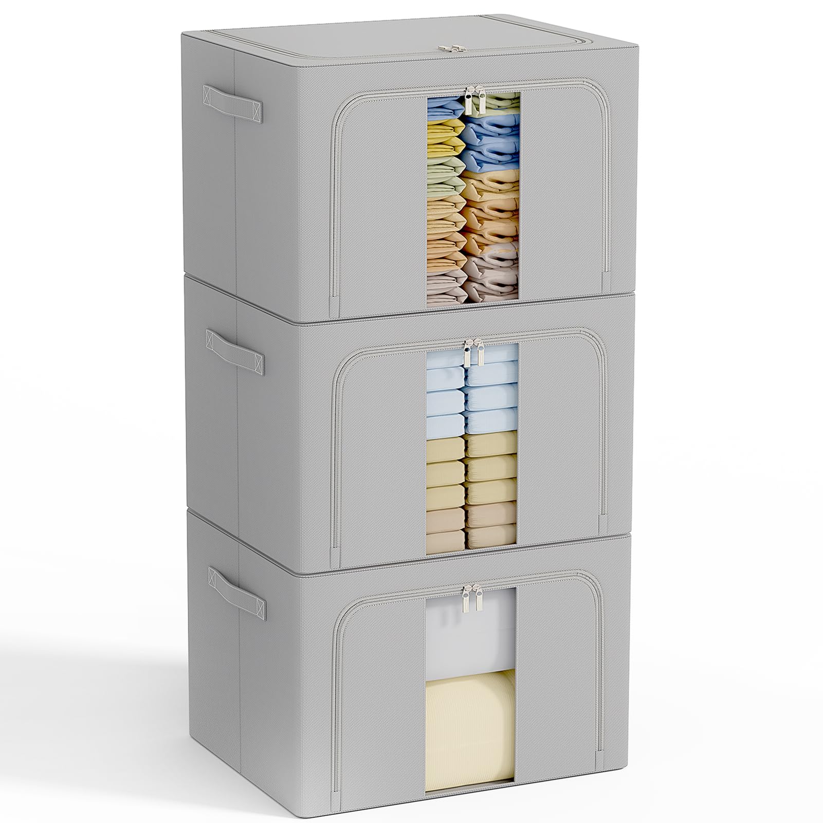 GoMaihe 3 pièces Sac de Rangement Vetement 198L: Boîte de Rangement Pliable - Housse Rangement Couette Organisateur de Placard, Sac Rangement Vetement avec Cadre Métallique - Empilables (Gris,66L)