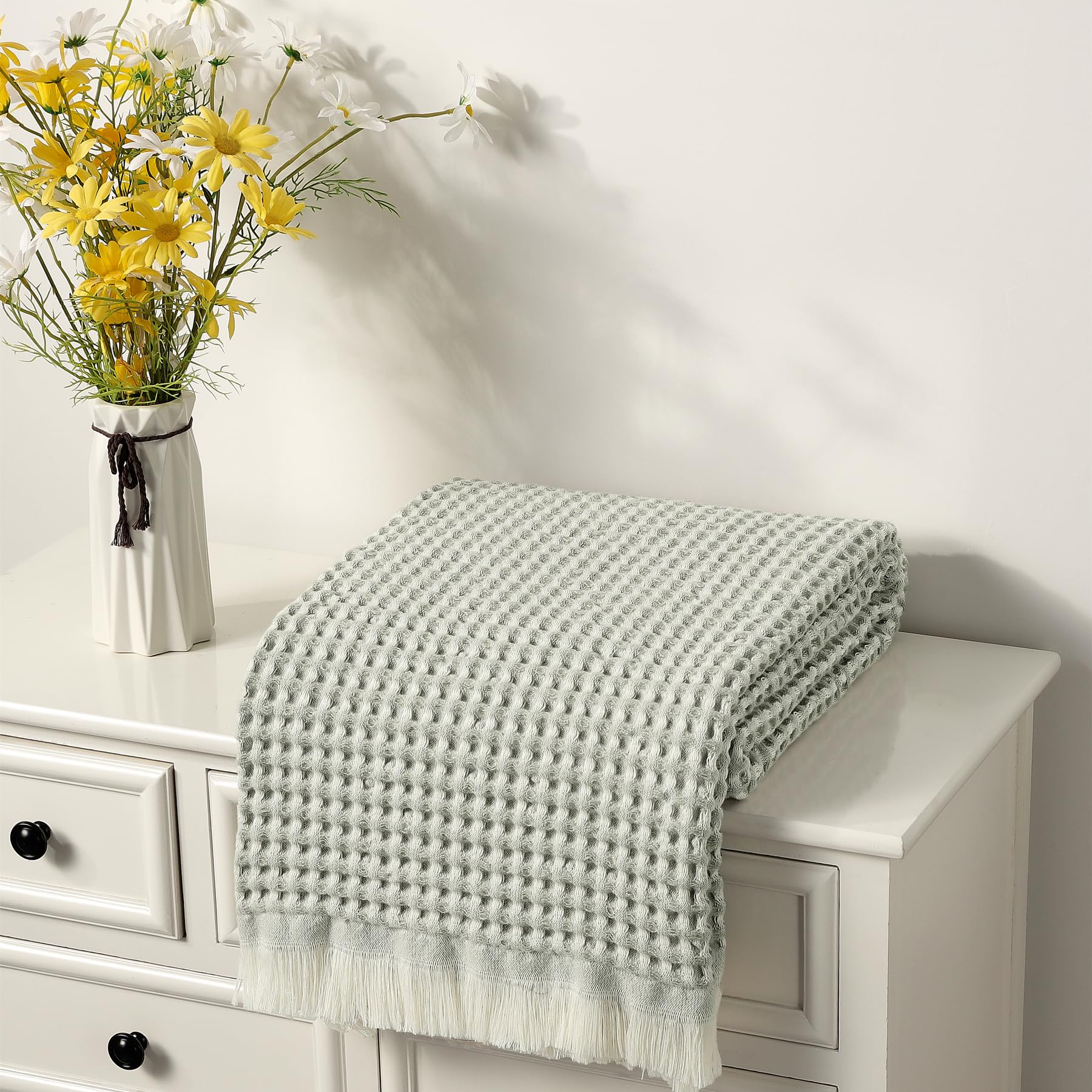 CREVENT Farmhouse Boho Knitted Throw Blanket for Couch Sofa Chair Bed Home Decoration, Soft Warm Cozy Light Weight for Spring Summer Fall (127cmX152cm Waffle Green) — image 1