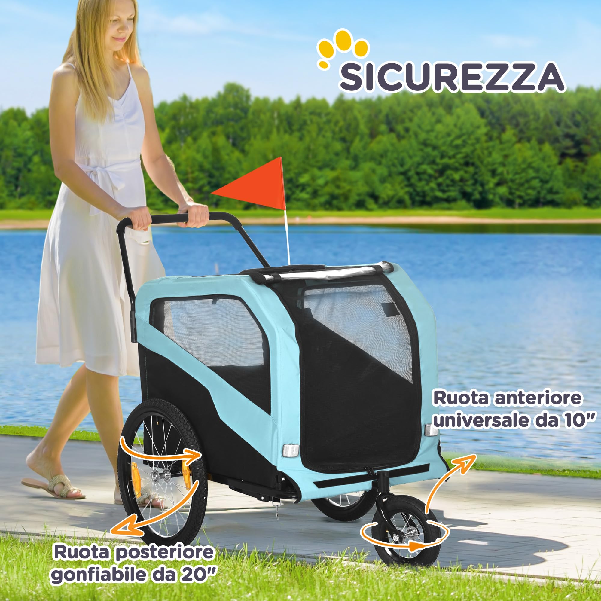 PawHut Rimorchio Bici per Cani 2 in 1 con 2 Ingressi e Tasche Portaoggetti, Passeggino per Cani 30kg max in Acciaio e Tessuto Oxford, Blu