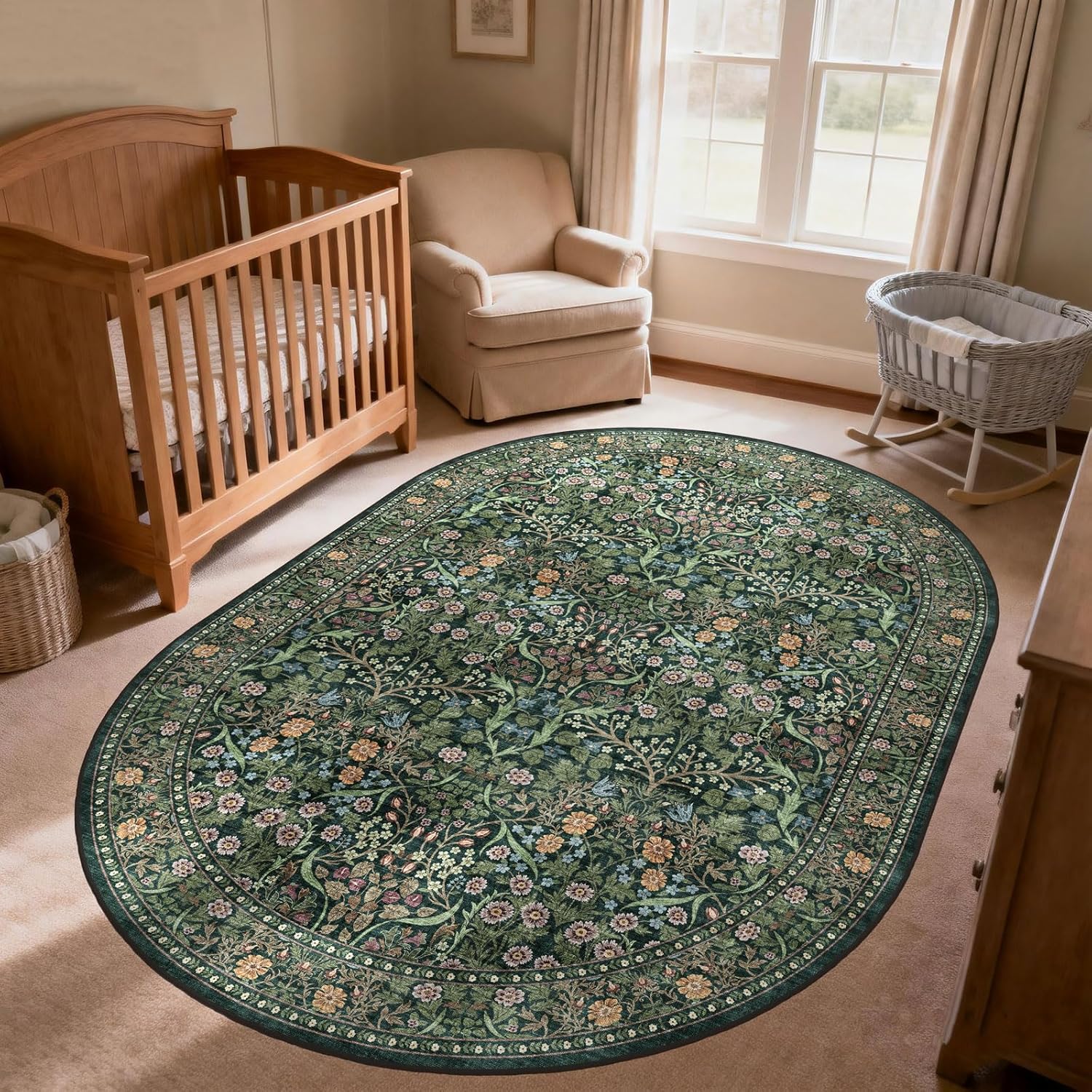 Floral 5x8 Oval Rug - Moss Green Soft Washable Boho Living Room Area Rug Stain Resistant Non Slip Dark Vintage Modern Farmhouse Rugs for Bedroom Dining Room Rugs for Under Table