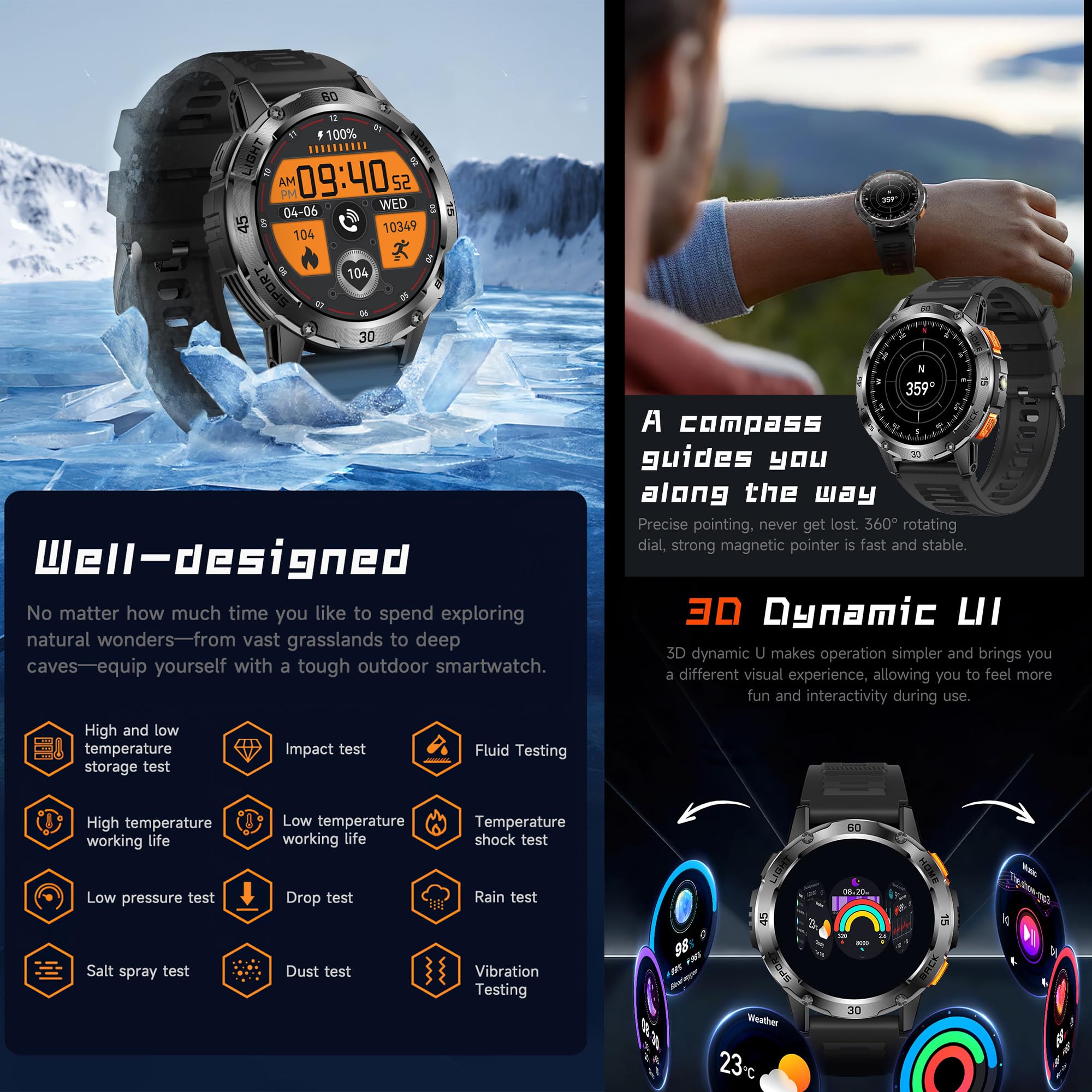1,53" AMOLED Montre Connectée Homme avec Appel Bluetooth 5,2/Numérotation, Smartwatch Compatible Samsung Huawei Xiaomi Android iOS Podometre GPS Partagé Montre 123 Sports (Argenté)