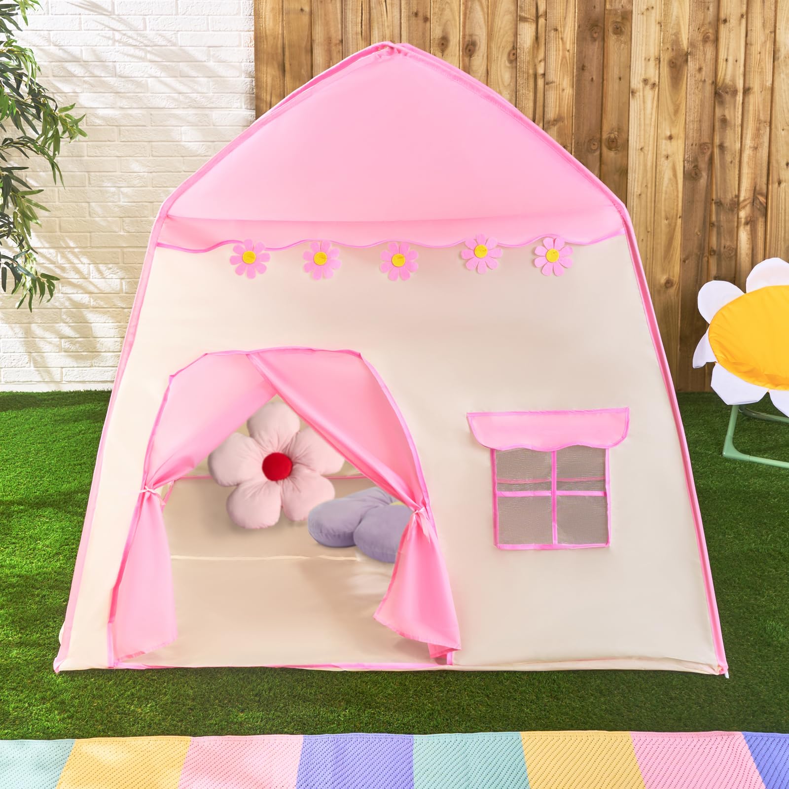 OHS Kids Play Tent, Pop Up Tents for Kids Indoor Outdoor Easy Set Up Toddlers Play House with Windows Kids Tent Garden Toy House Gift for Boys and Girls, Pink - Flowers