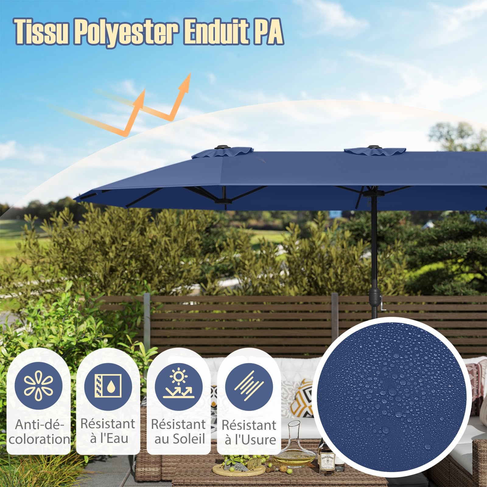 RELAX4LIFE Grand Parasol de Jardin Extérieur avec Pied | Parasol Double Terrasse à 12 Baleines | Manivelle | Polyester Résistant | Verrou de Sécurité | Protection UV pour Piscine Patio Marché (Marine)