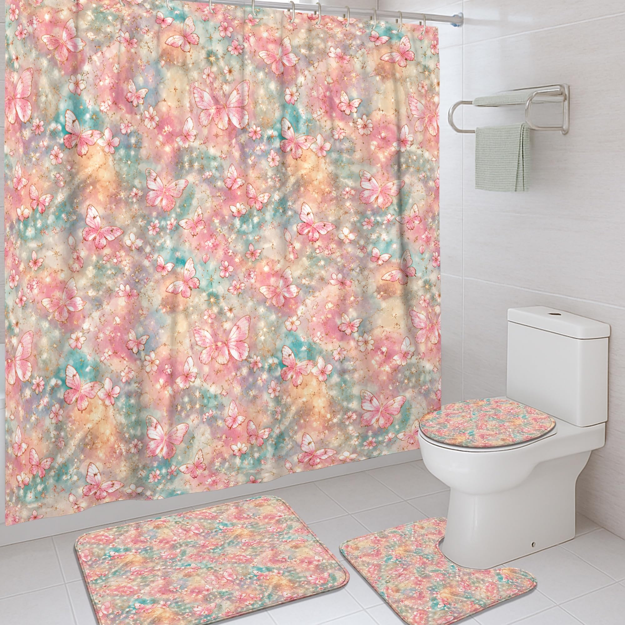 Ensemble rideau de douche et tapis lavable motif fleurs romantiques rose pêche