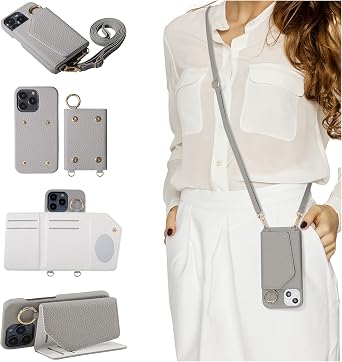 HANDODO Wallet Case Compatible iPhone 13,Women Vegan Leather Detachable Crossbody Phone case with RFID Blocking Card Holder Adjustable Strap Shockproof Kickstand Phone WalletGrey