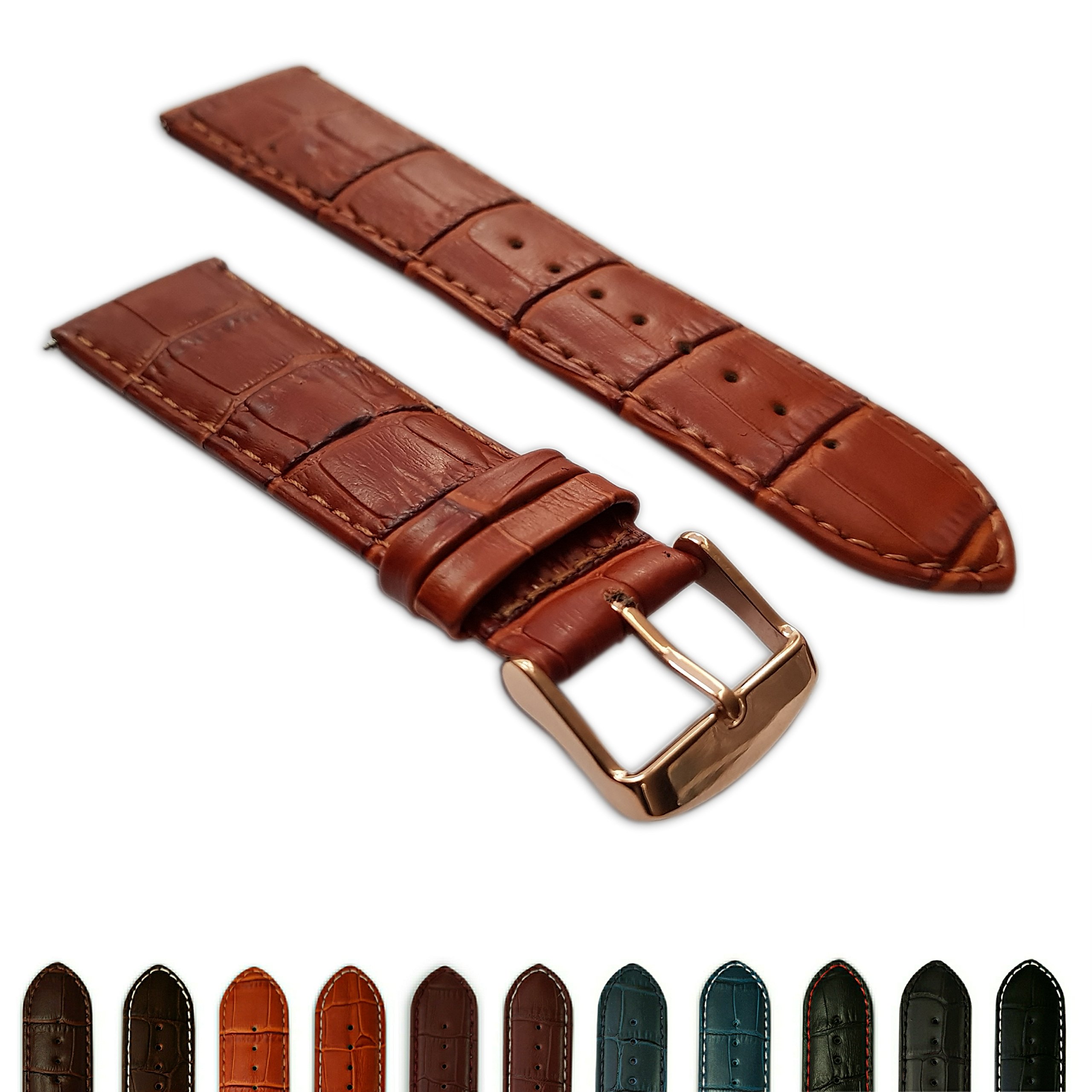 Bracelet En Cuir De Crocodile Véritable Rembourré 20mm - Couleur Or/Marron - Fabriqué En Italie