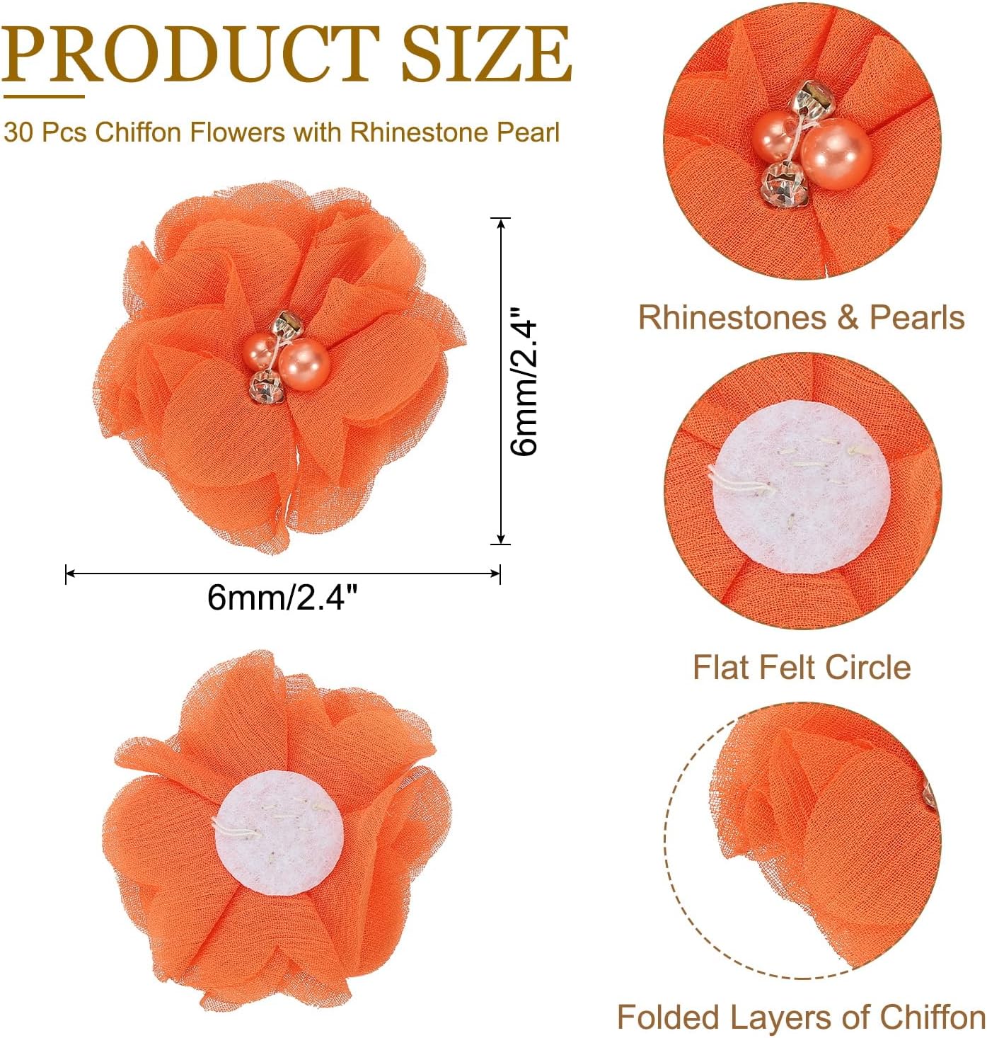 PATIKIL 2 Inch Chiffon Flowers, 30 Pcs Rhinestone Pearl Sewing Fabric Flowers Artificial Appliques Embellishments for Clothing Wedding DIY Craft Headbands Decor, Orange