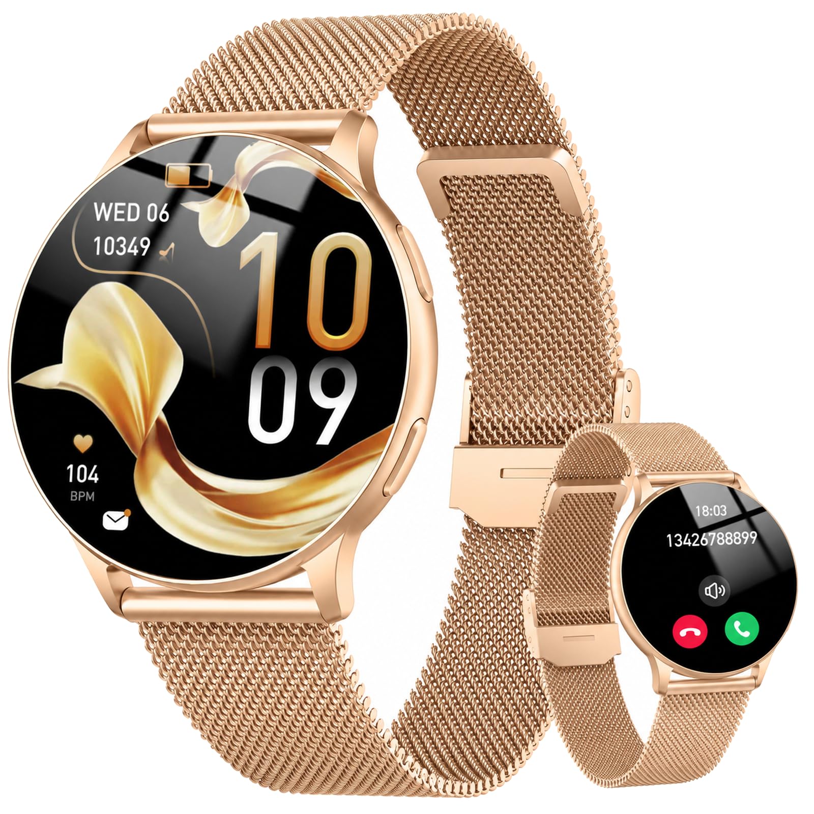 Smartwatch Damen Rund, 1.32" AMOLED Sportuhr mit Telefonfunktion, Roségold