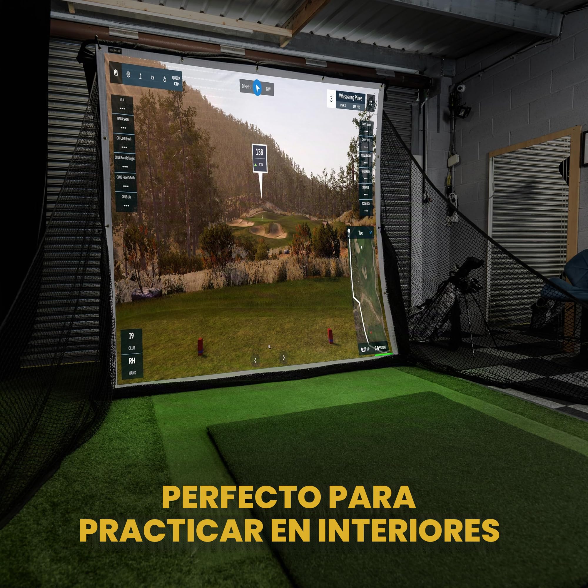SimSpace Deluxe Home - Red de conducción de 2,4 x 2,5 m, Pantalla de proyector para simulación de Golf, Compatible con Red de conducción (Red no incluida), Incluye 20 Cuerdas elásticas, Tela de