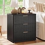 Lerliuo Fluted Nightstand with Charging Station, 23" Wide 2 Drawers End Table, Night Stand with Open Storage Cabinet, Farmhouse Bed Side Tables, Brown Wood Dresser for Bedroom