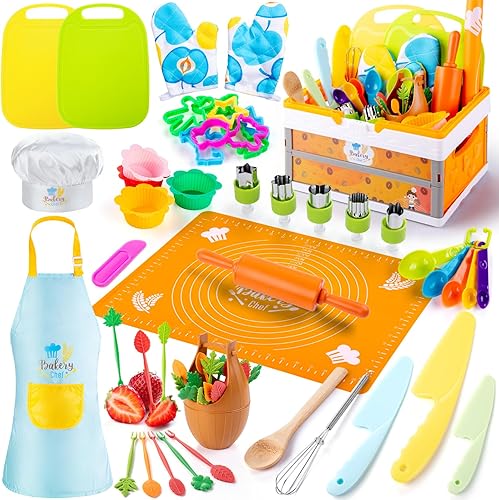 Juego de 52 piezas de cocina para niños, juguetes de cocina Montessori para cocinar realmente, juego de cuchillos para niños pequeños con sombrero