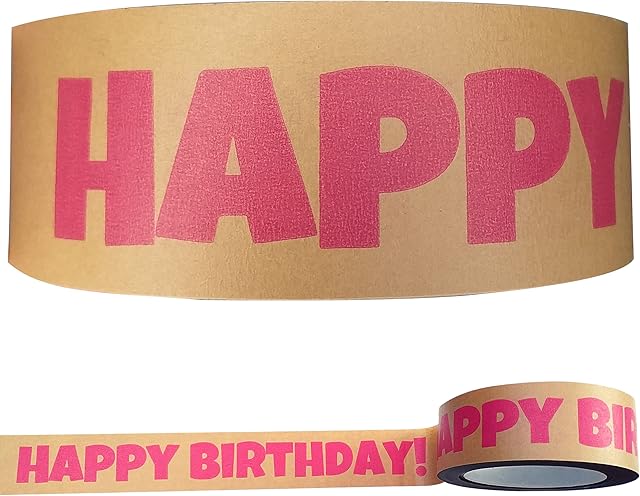 Merry Movers Happy Birthday Kraft Paper Tape for Presents, Brown Gift Boxes or Packaging - Pretty, Pink, Eco friendly, Self-adhesive, Recyclable, Strong Packing Tape - 100% Plastic Free Box Tape