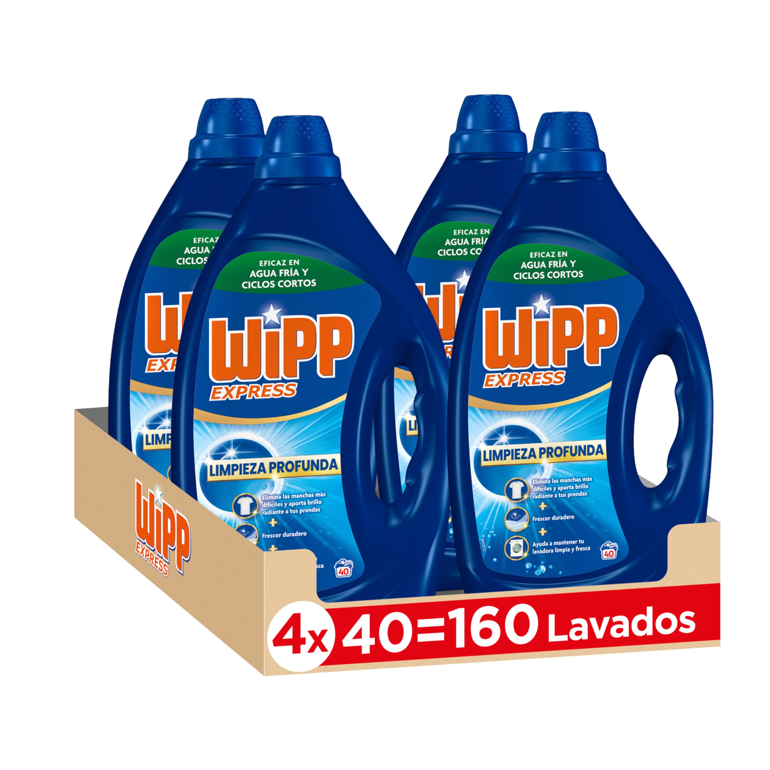 Wipp Express Limpieza Profunda Gel (40x4) detergente líquido con potente acción quitamanchas ropa, deja un frescor higiénico en la lavadora, apto para agua fría