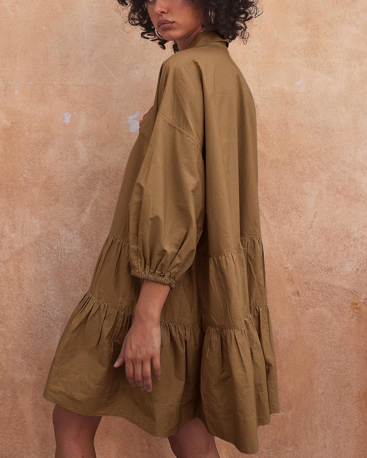 chouyatou Women's Summer Puff Sleeve Tiered Tunic Babydoll Dress Cute Mini Button Down Shirt Dress - Image 3