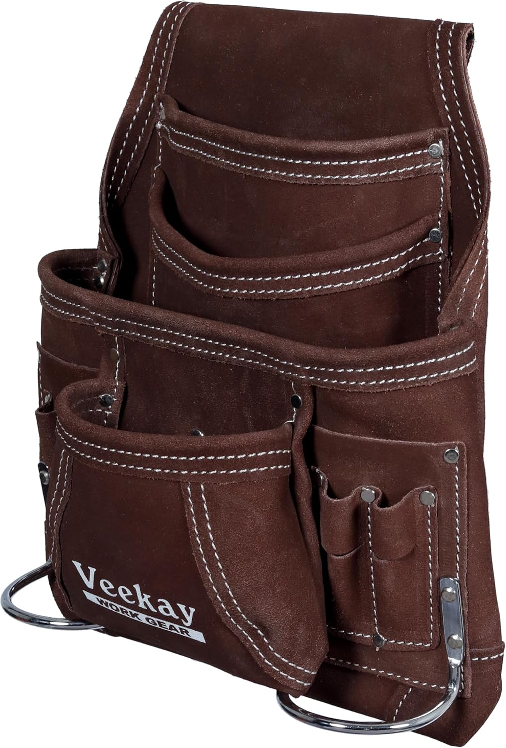 VEEKAY 10 Pockets Men Suede Leather Tool Pouch Beige and Brown Color Bags Fastener Carpenter's Nail & Tool Bag Heavy Duty Steel Hammer Loop, Belt Loop for Electrician Technician Installers