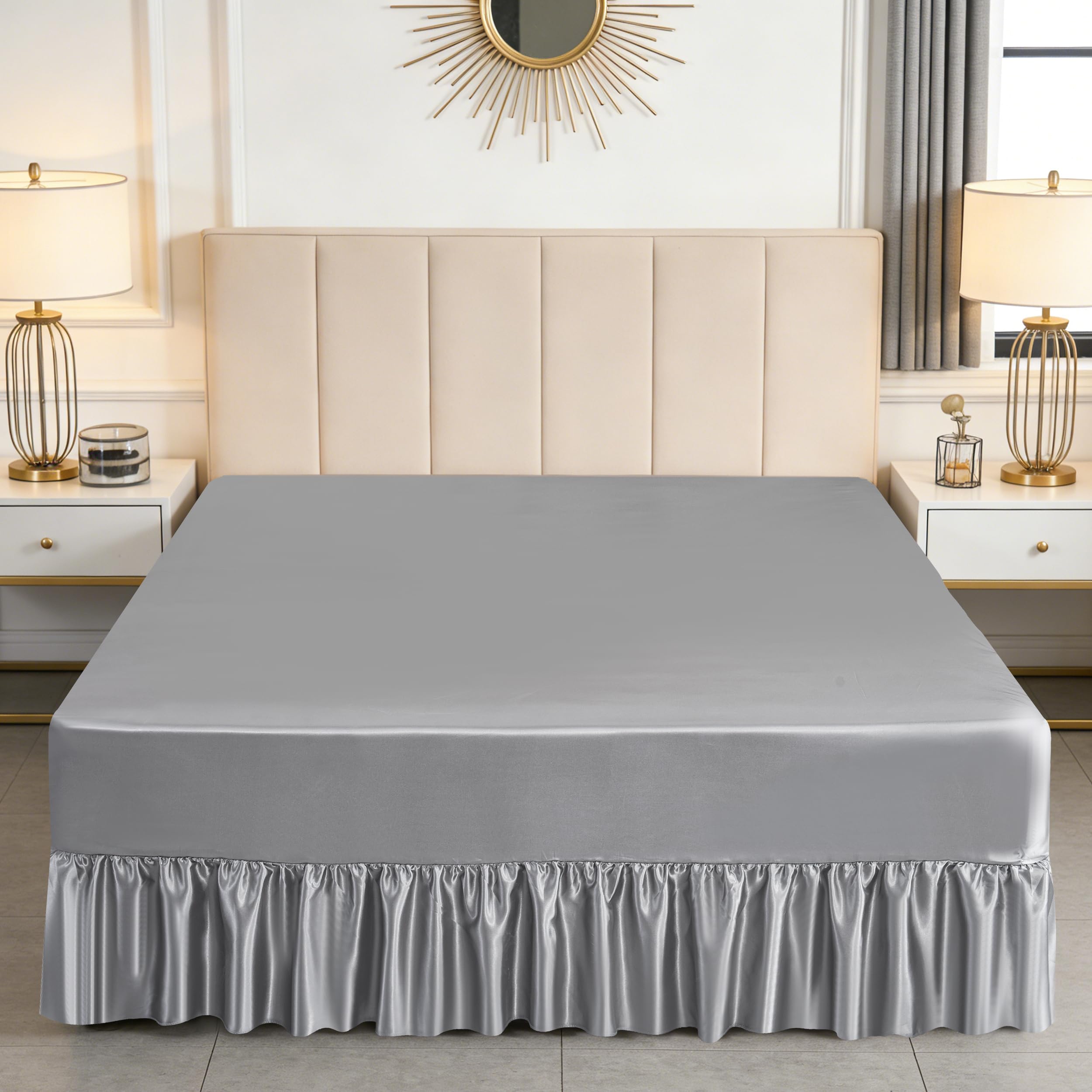 Satin Valance Sheet for Divan Base – Smooth Luxury Satin Fitted Sheet with 30cm Box & Bed Skirt with 35cm Drop Soft Easy Care Silky Bedding for UK Beds (Silver, Single)