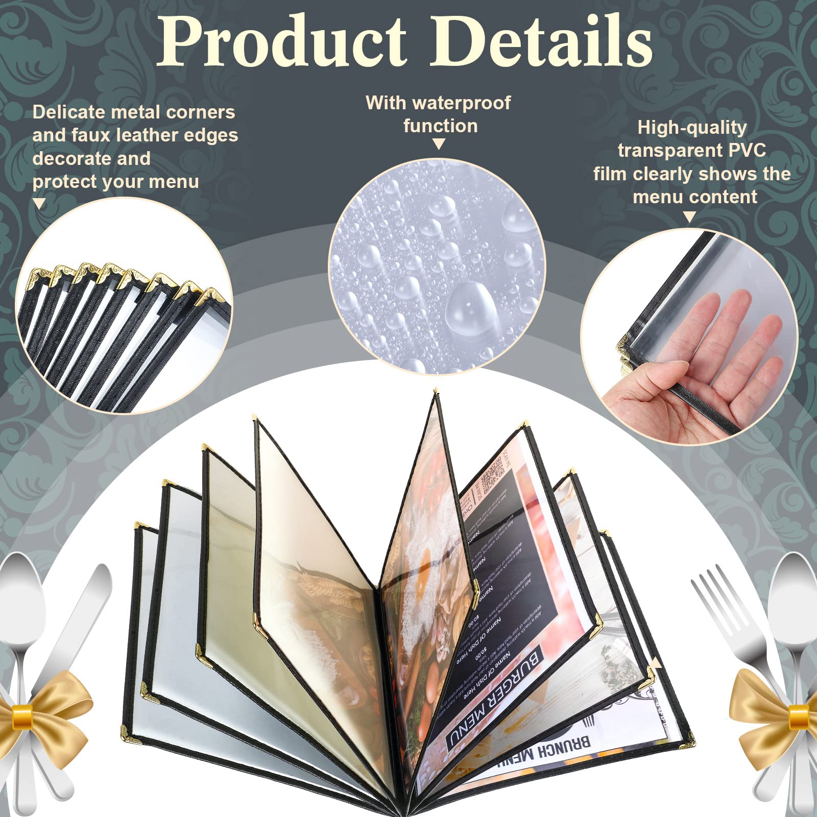 TaoBary 20 fundas de menú de 8.5 x 11 pulgadas para papel de tamaño A4, cubiertas transparentes para menús de restaurante con ribete de cuero sintético y esquina decorativa de metal, bar, cafetería