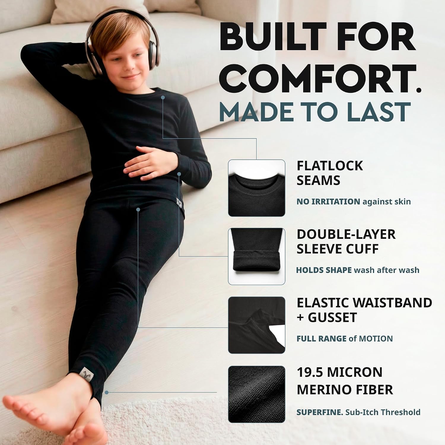 MERINNOVATION Kids Merino Wool Base Layer Set 220GSM Long Sleeve Thermal Underwear for Boys and Girls Midweight Top & Bottom