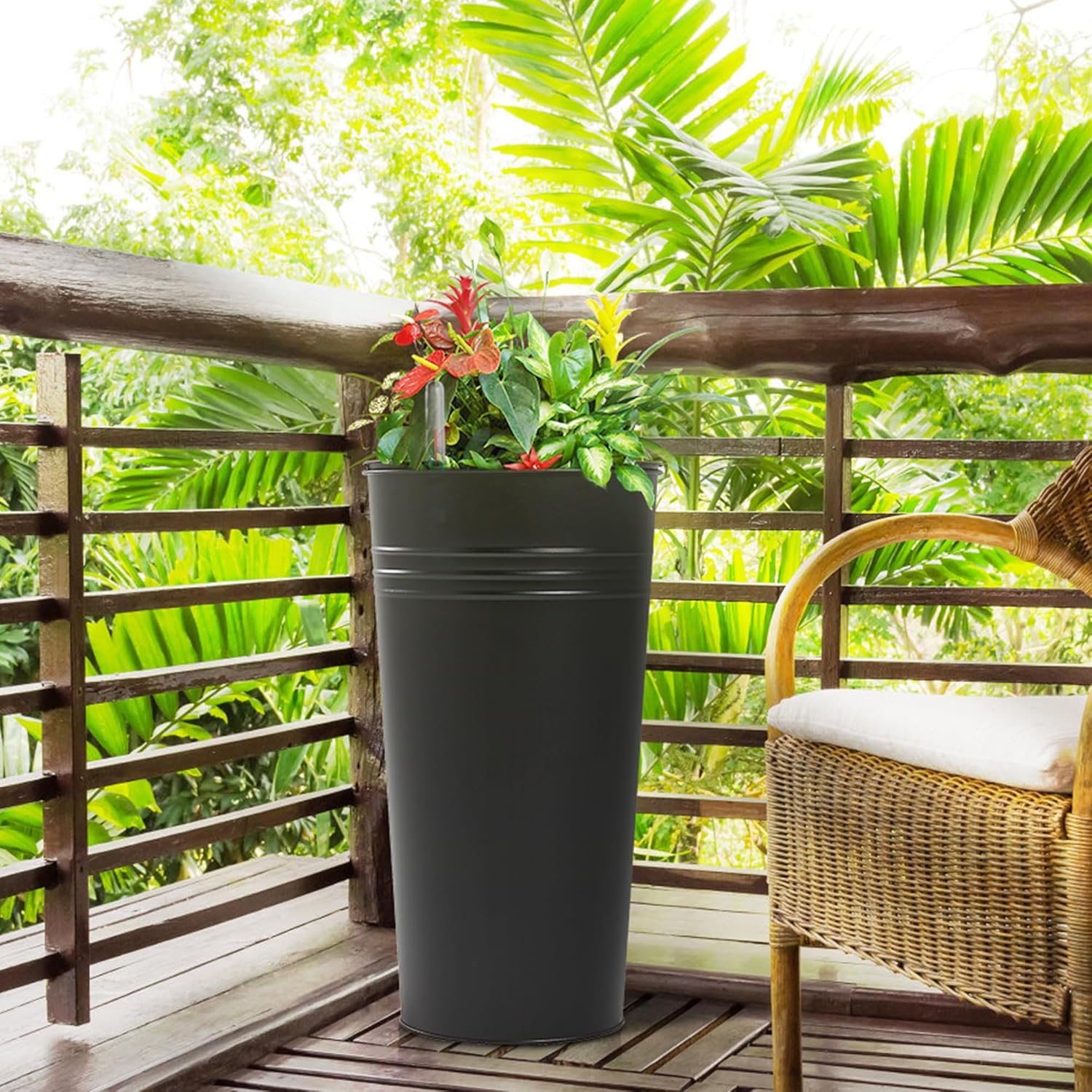 KOL 22''H 2-Pack Planter with Water Level Indicator - Galvanized Steel Pot - Self Watering Planters Flower Pot for Plant - Inner Pot Design - Round Metal Planter Box - Indoor Outdoor Planting - Black