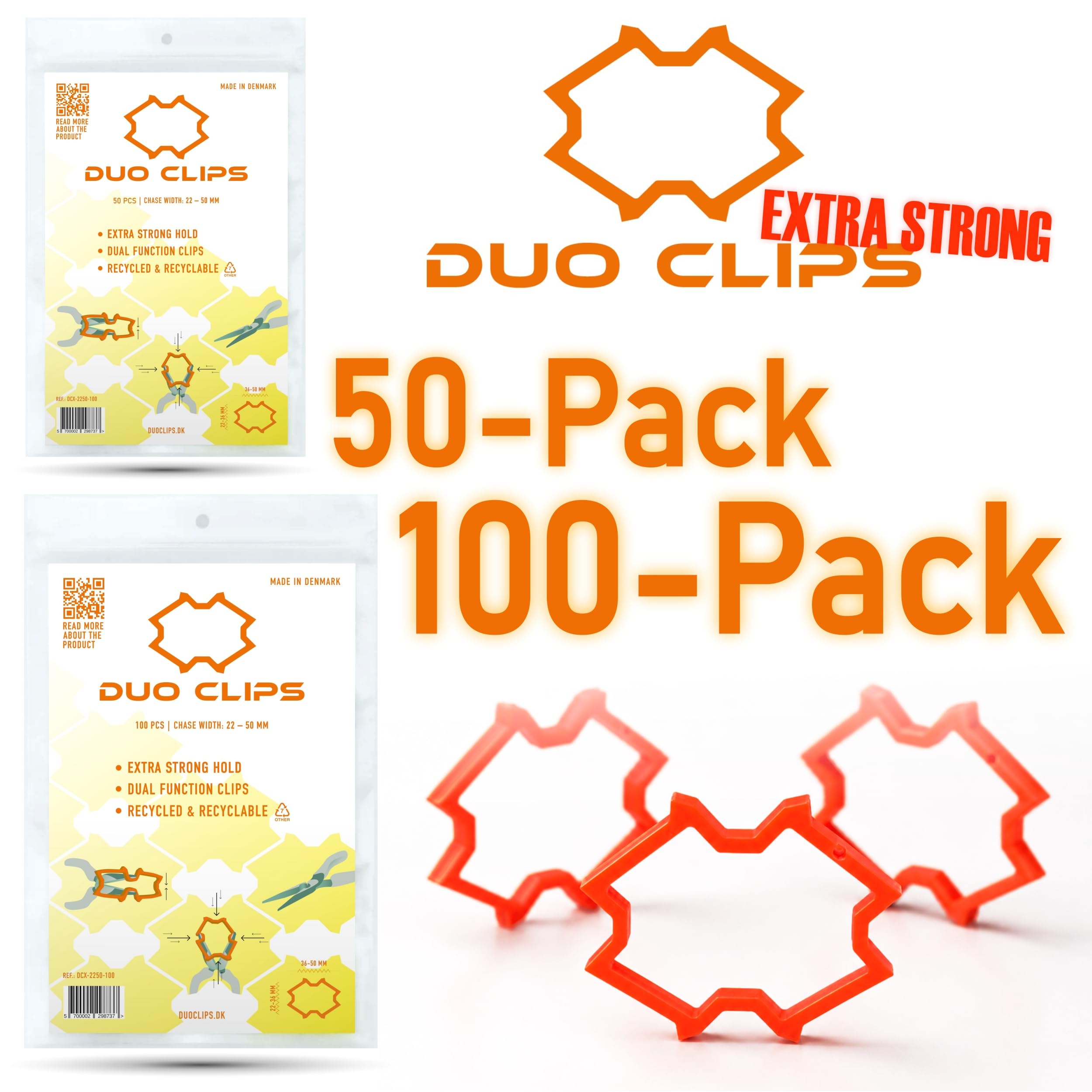 100 x DUO CLIPS Extra Strong 22-50 mm Uchwyt na Kabel Wielokrotnego Użytku uniwersalny kołek oczkowy | klips do kabli w bruzdach, do przewodów i rur PEX