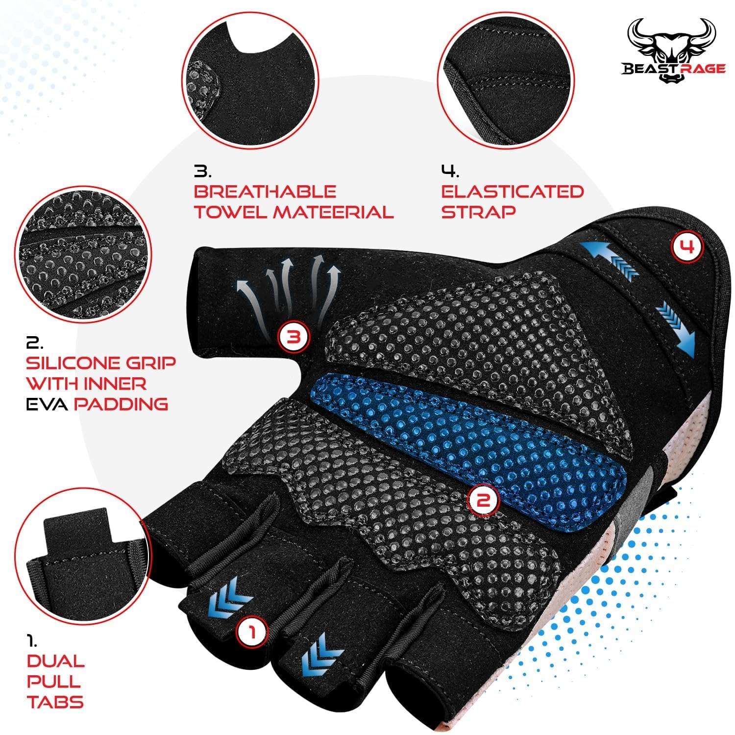 BEAST RAGE Guanti da palestra per il sollevamento pesi per uomini e donne, traspiranti, antiscivolo, con palmo imbottito in silicone, per il ciclismo, l'allenamento per la forza.