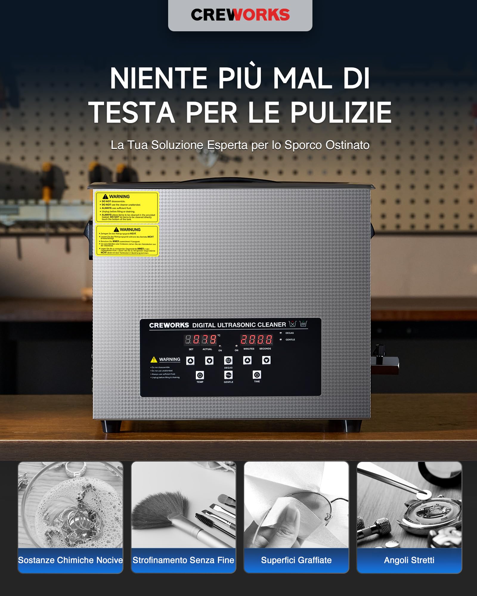 CREWORKS 15L Pulitore Ultrasuoni Industriale con 450W Riscaldatore e Timer Digitale 360W Vasca Ultrasuoni in Acciaio Inossidabile con Modalità Degas e Delicata per Strumenti Utensili e Ricambi Auto