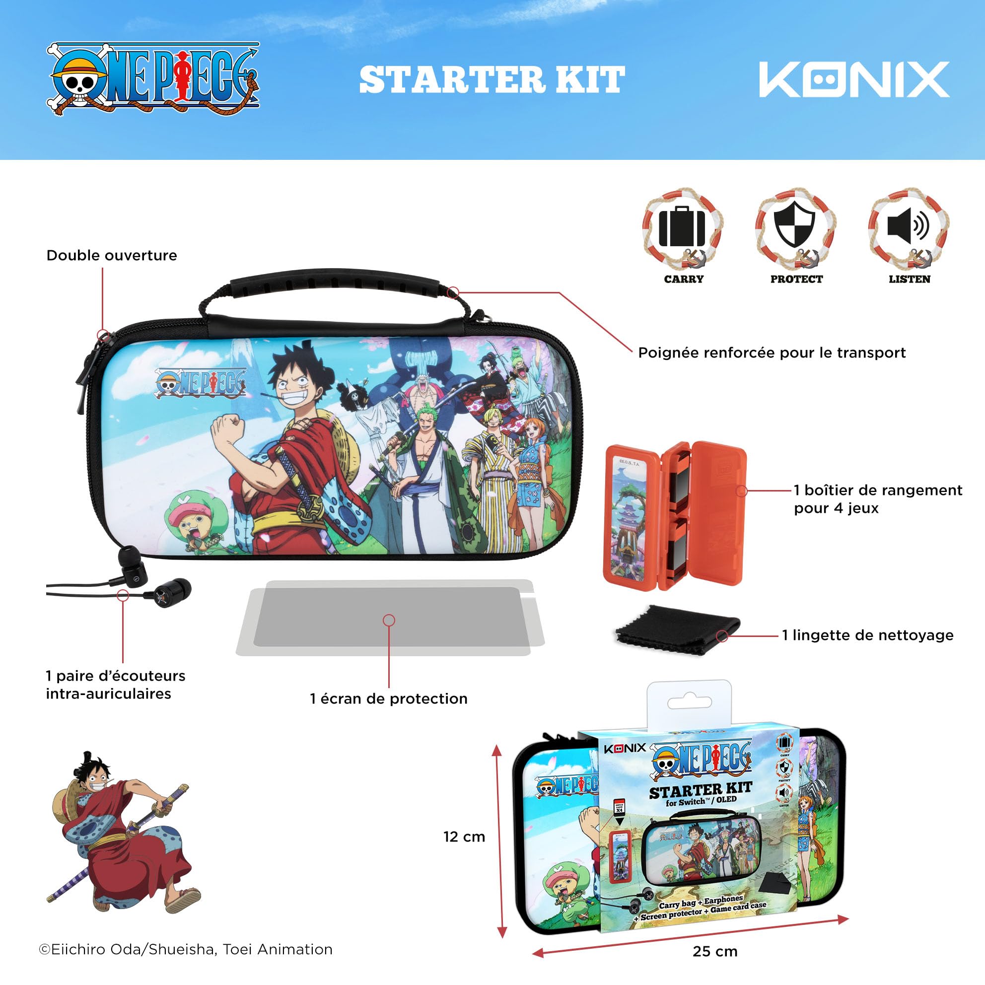 Konix One Piece Zestaw akcesoriów do gier Starter Kit Nintendo Switch, Switch Lite i Switch OLED, etui, osłona ekranu ochronnego, słuchawki