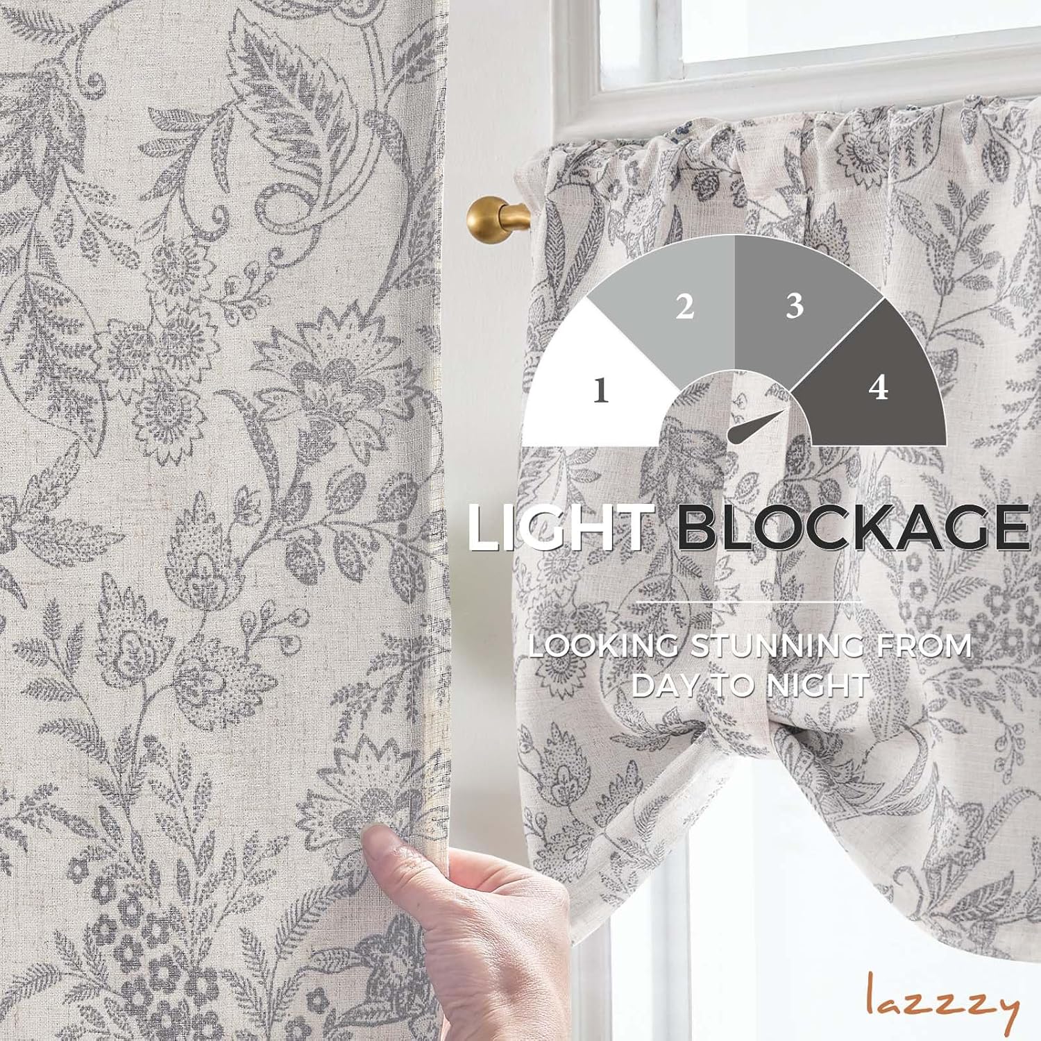 Lazzzy Floral Valance Curtain Grey Linen Farmhouse Lined Tie Up Valance for Kitchen Living Room Bedroom Country Valances Window Treatments Small Curtian 18 Inch Rod Pocket 1 Panel, Gray on Beige