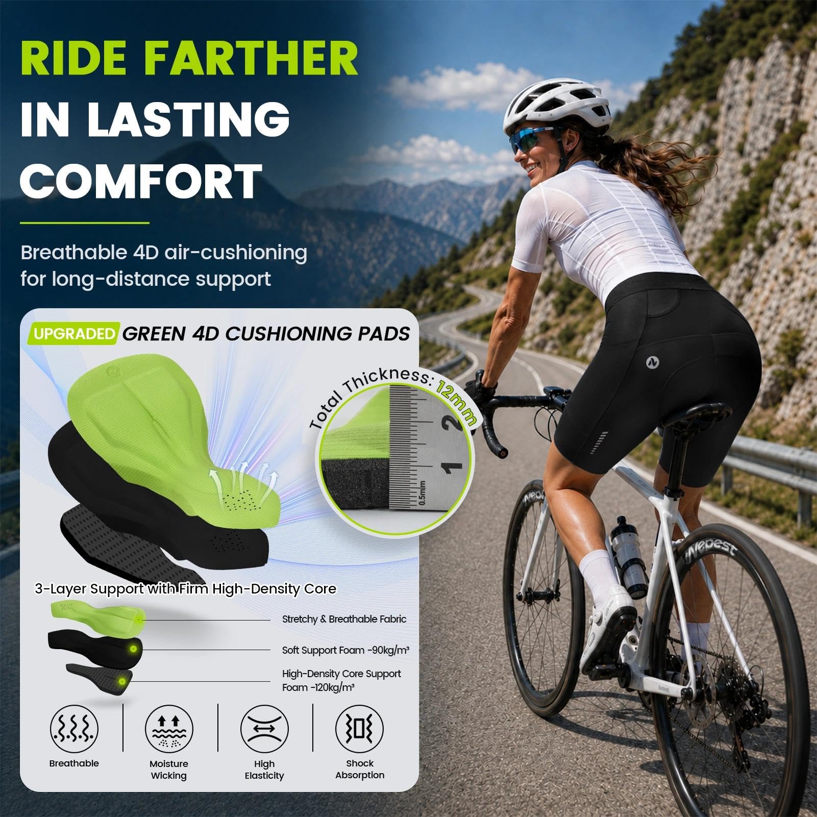 Nepest Radlerhose Damen Gepolstert 4D UPF 50+ | Fahrradhose Damen Mit Polster, Atmungsaktiv, Reflektierende, 3 Taschen, 4-Wege-Stretch, Bike Biking Cycling Shorts Women