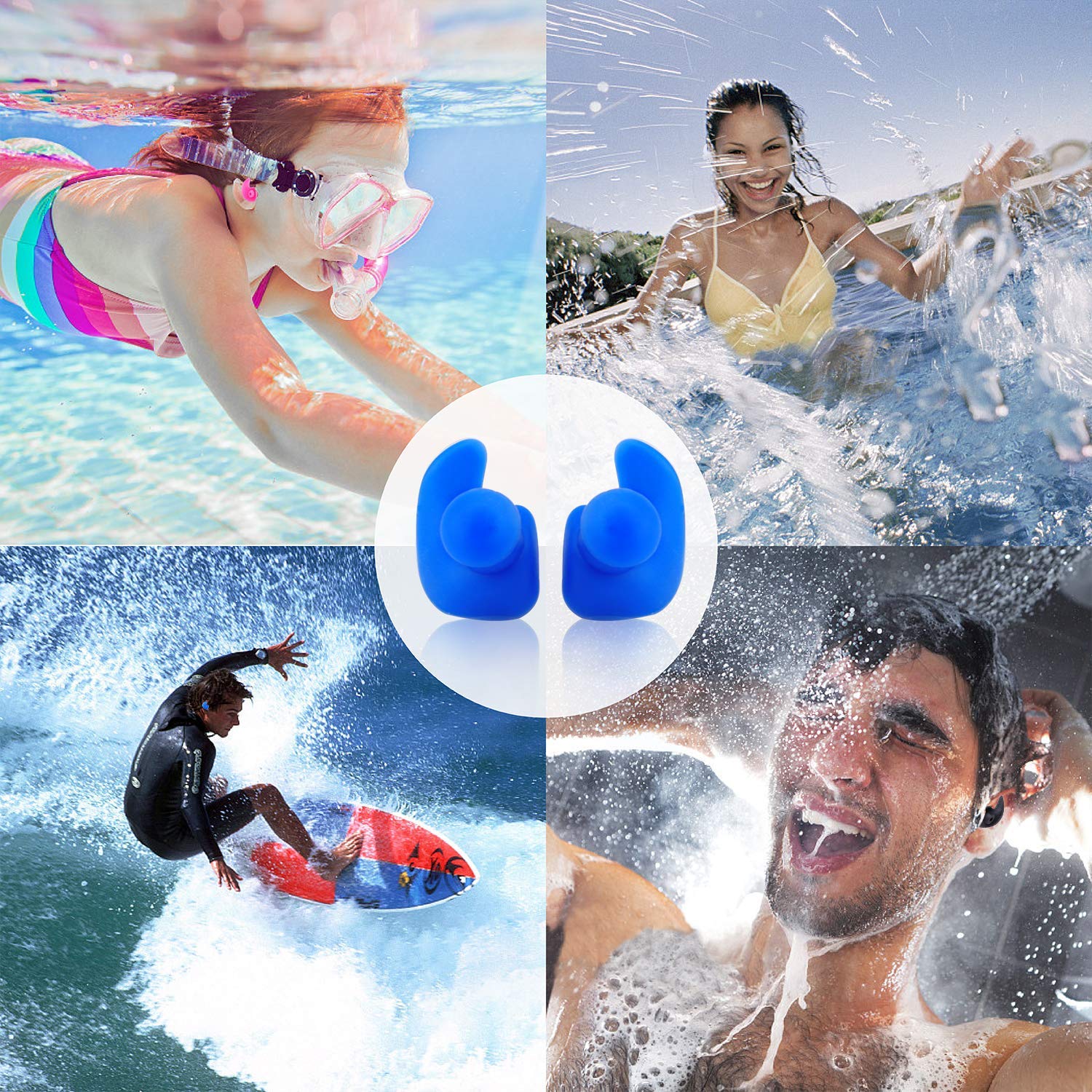 Silicone Ear Plugs 4 Pairs Reusable Earplugs for Showering Bathing Surfing Snorkeling and Other Water Sports, Suitable for Men Women and Kids 1